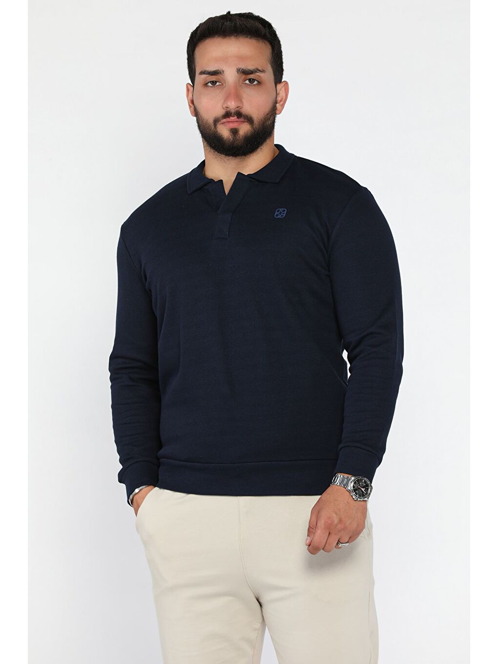 Lacivert Erkek Kendinden Desenli Polo Yaka Sweatshirt