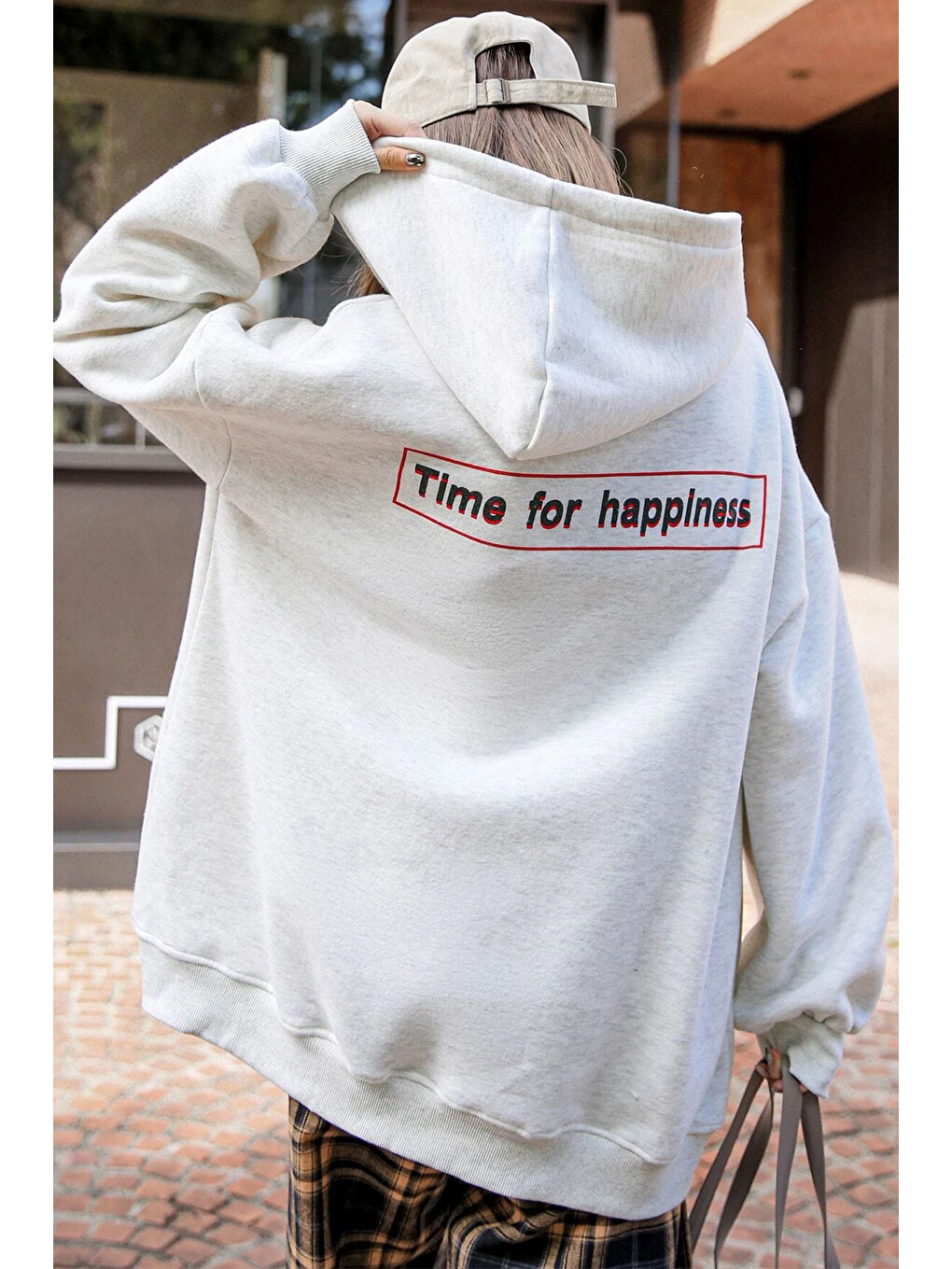 uyguntarz Gri Unisex Time For Happiness Baskılı Oversize Sweatshirt - 1