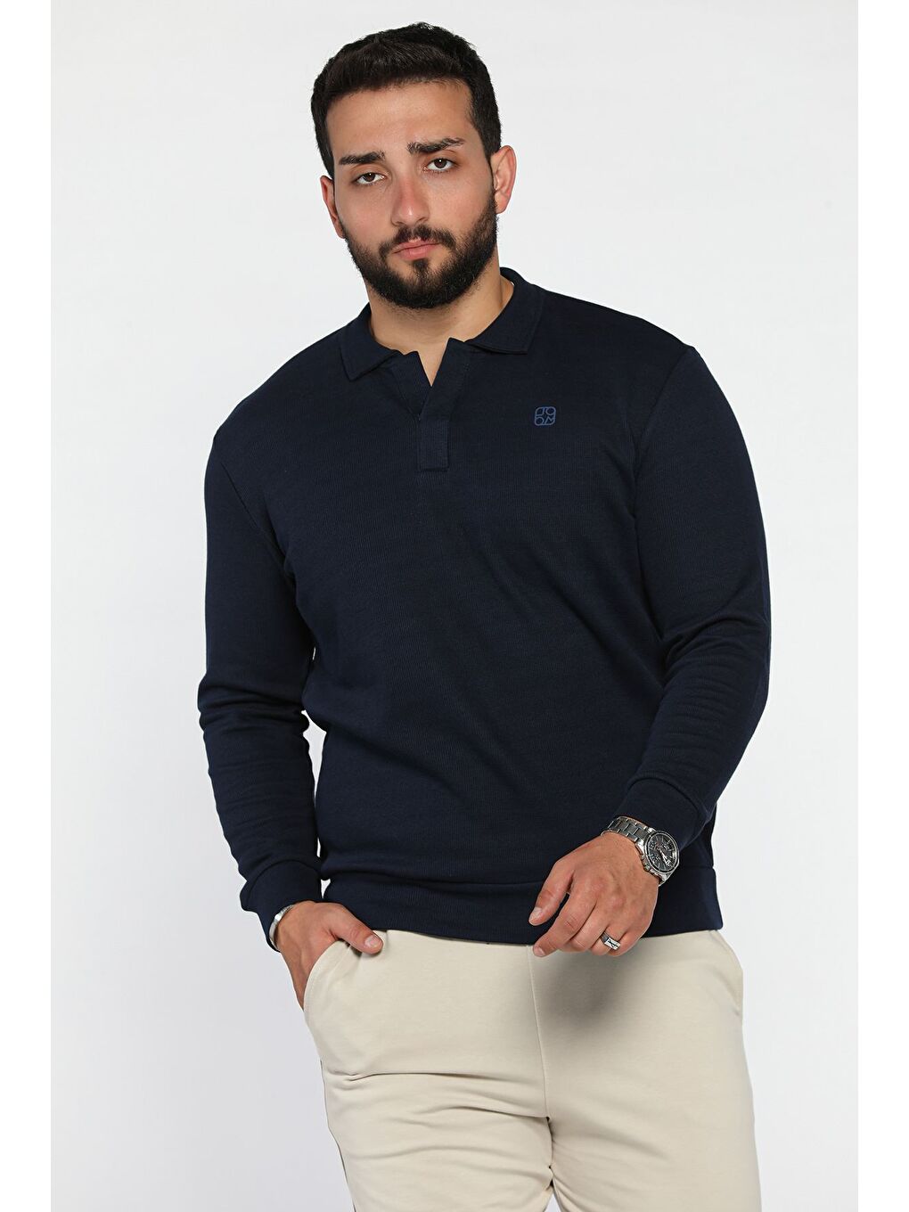 Lacivert Erkek Kendinden Desenli Polo Yaka Sweatshirt-1