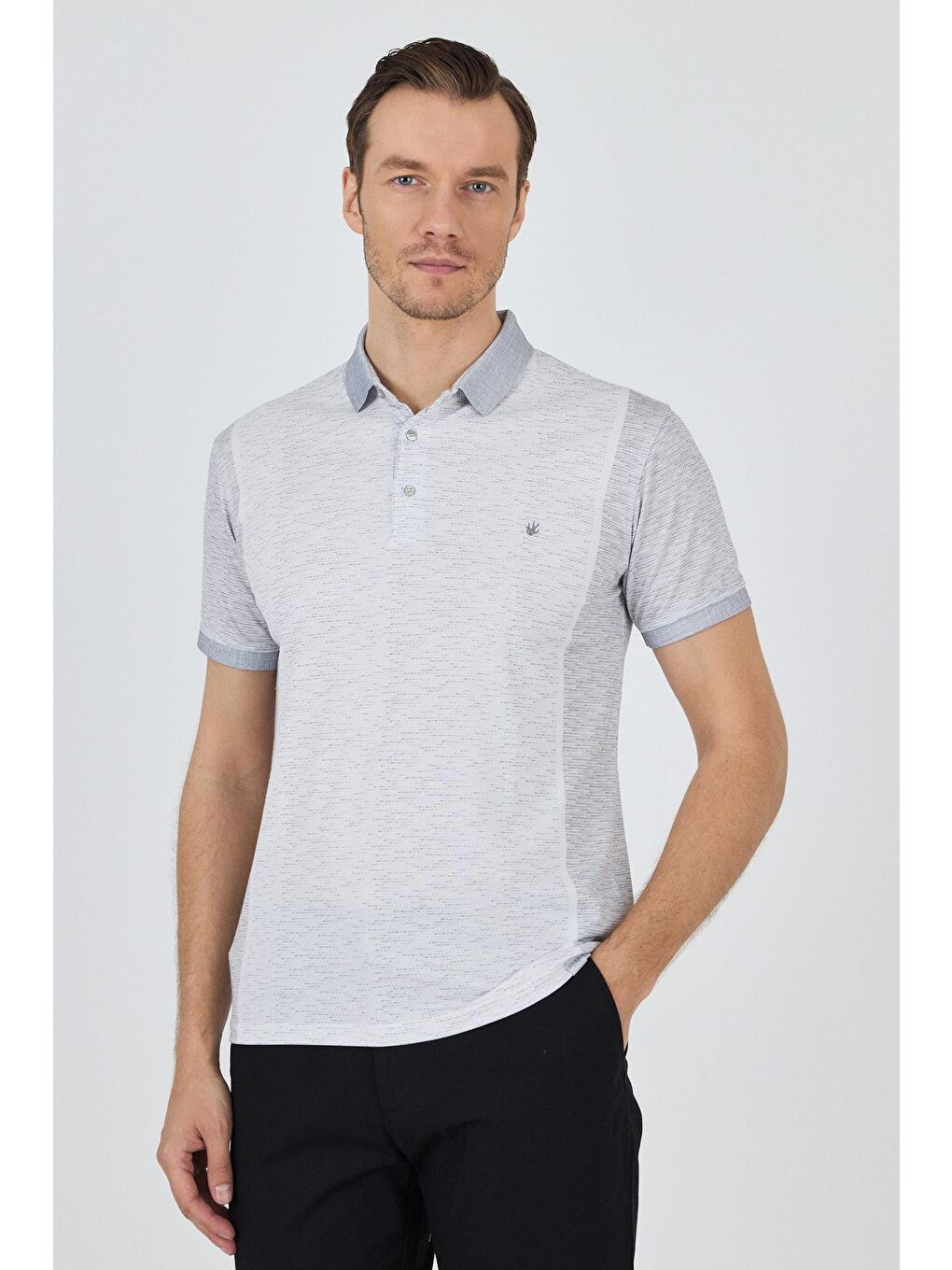Gri Kısa Kol Baskılı Pike Polo Yaka Cepsiz Slim Fit Tişört 1011250167