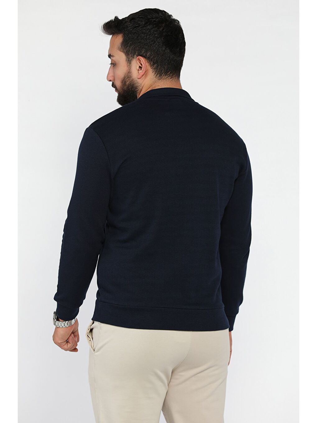 Lacivert Erkek Kendinden Desenli Polo Yaka Sweatshirt-2