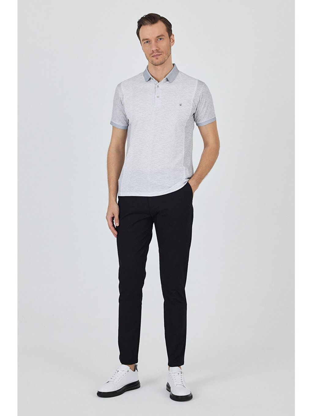 Gri Kısa Kol Baskılı Pike Polo Yaka Cepsiz Slim Fit Tişört 1011250167-1