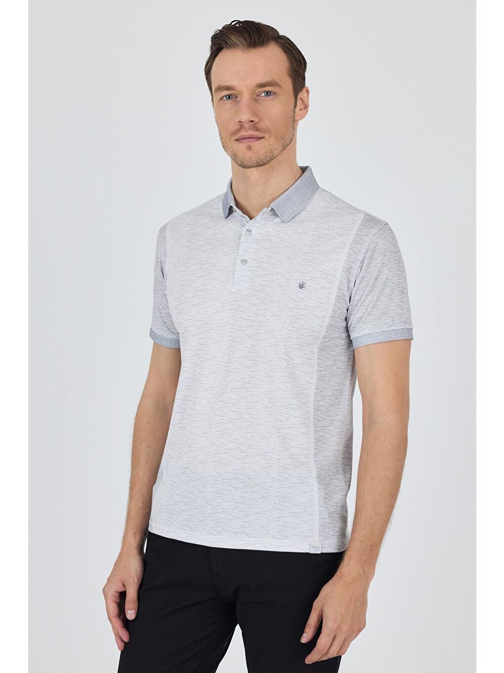 Gri Kısa Kol Baskılı Pike Polo Yaka Cepsiz Slim Fit Tişört 1011250167-2