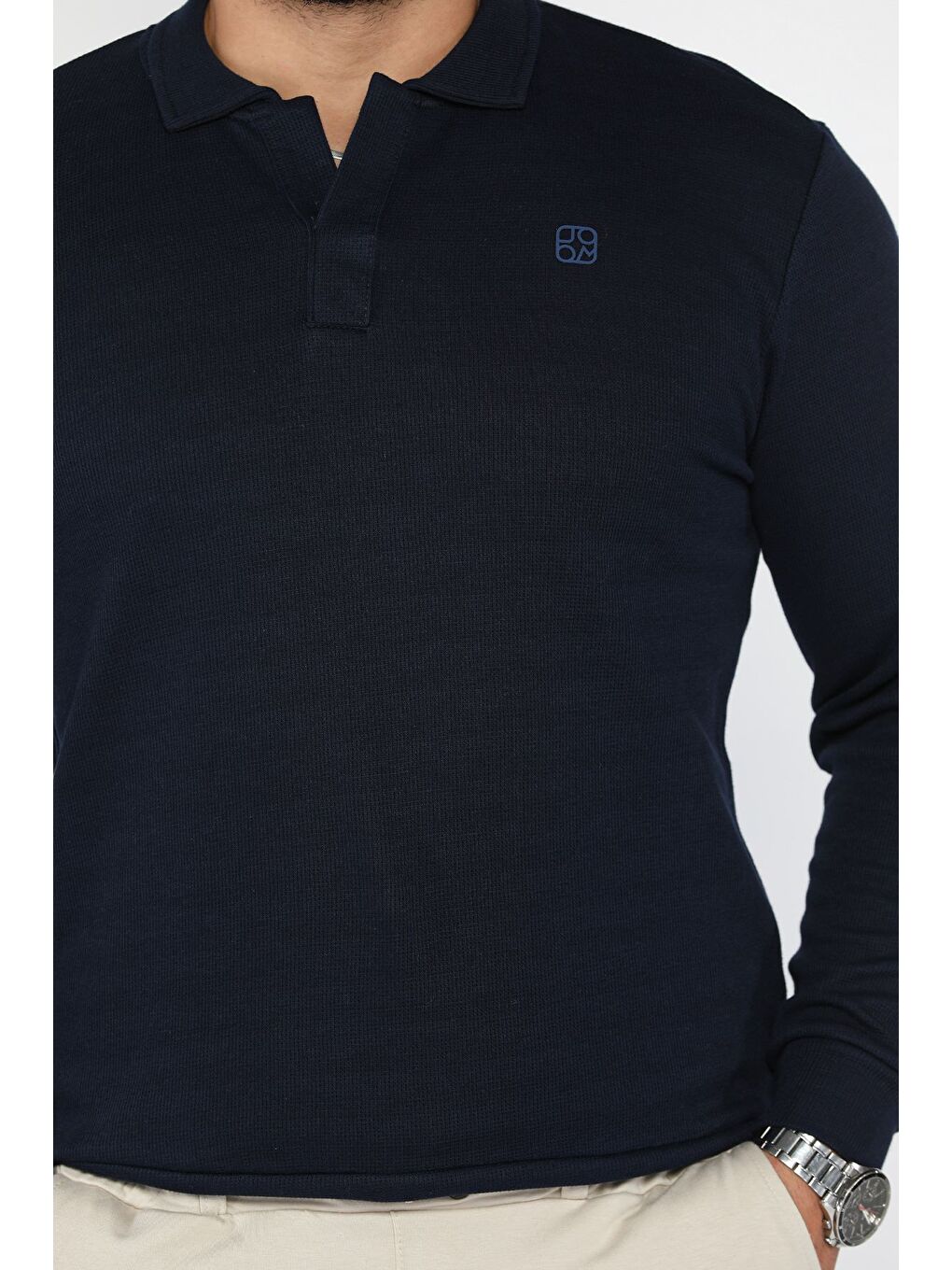 Lacivert Erkek Kendinden Desenli Polo Yaka Sweatshirt-3