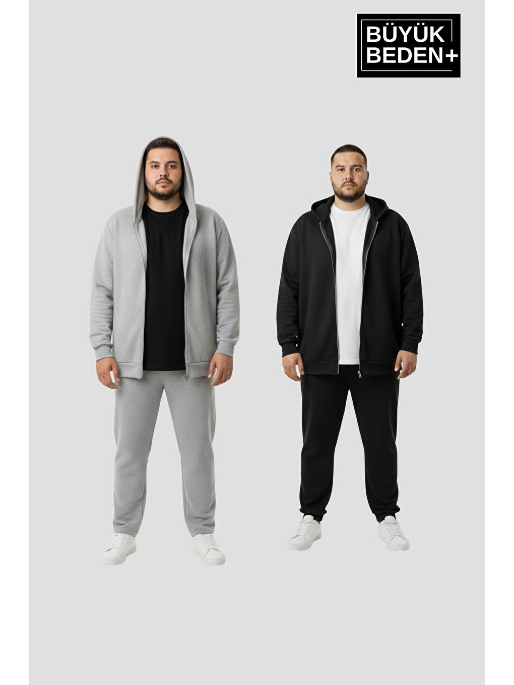 Gri Erkek Büyük Beden Fermuarlı Kapüşonlu 2'li Set ince Sweatshirt Hırka - Rahat Kalıp SPR26BHR960+2