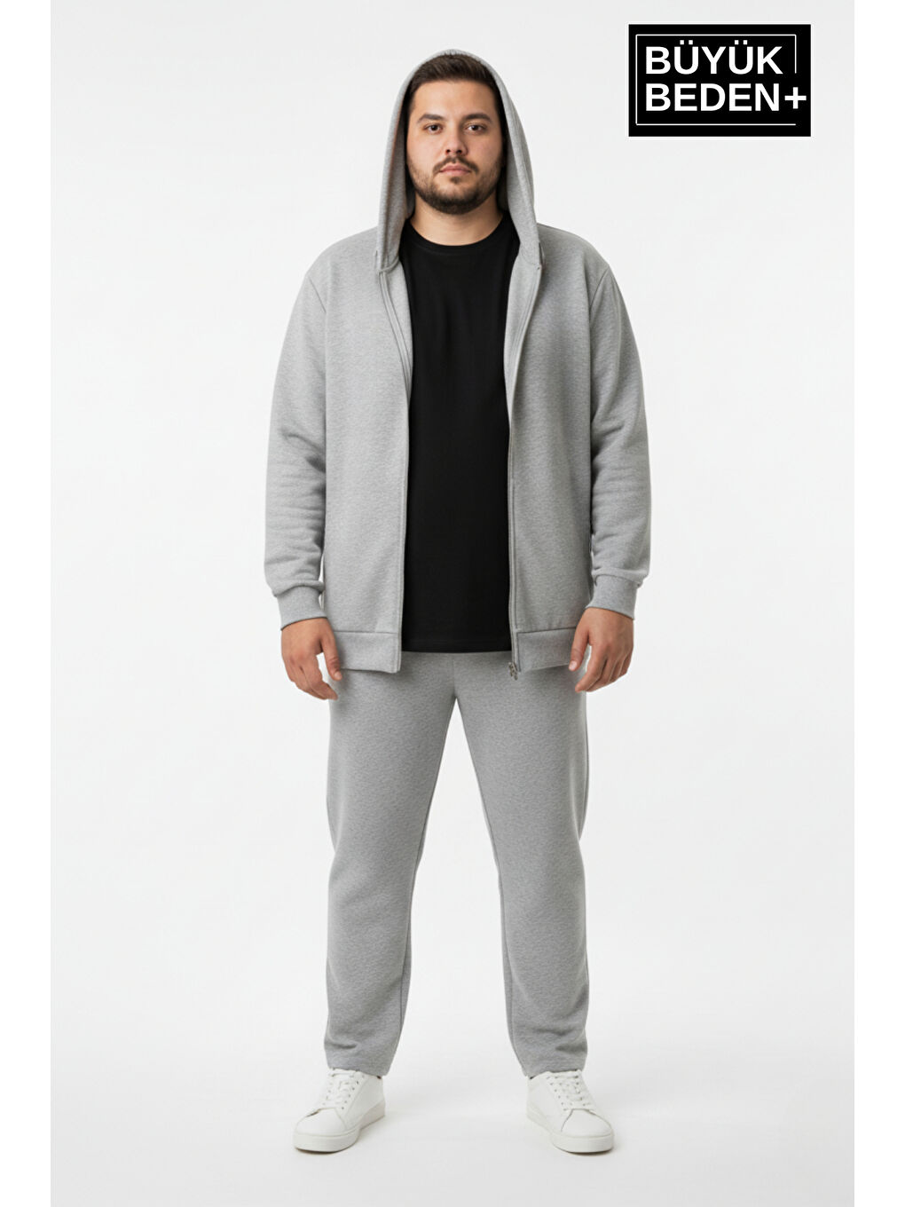 Gri Erkek Büyük Beden Fermuarlı Kapüşonlu 2'li Set ince Sweatshirt Hırka - Rahat Kalıp SPR26BHR960+2-1