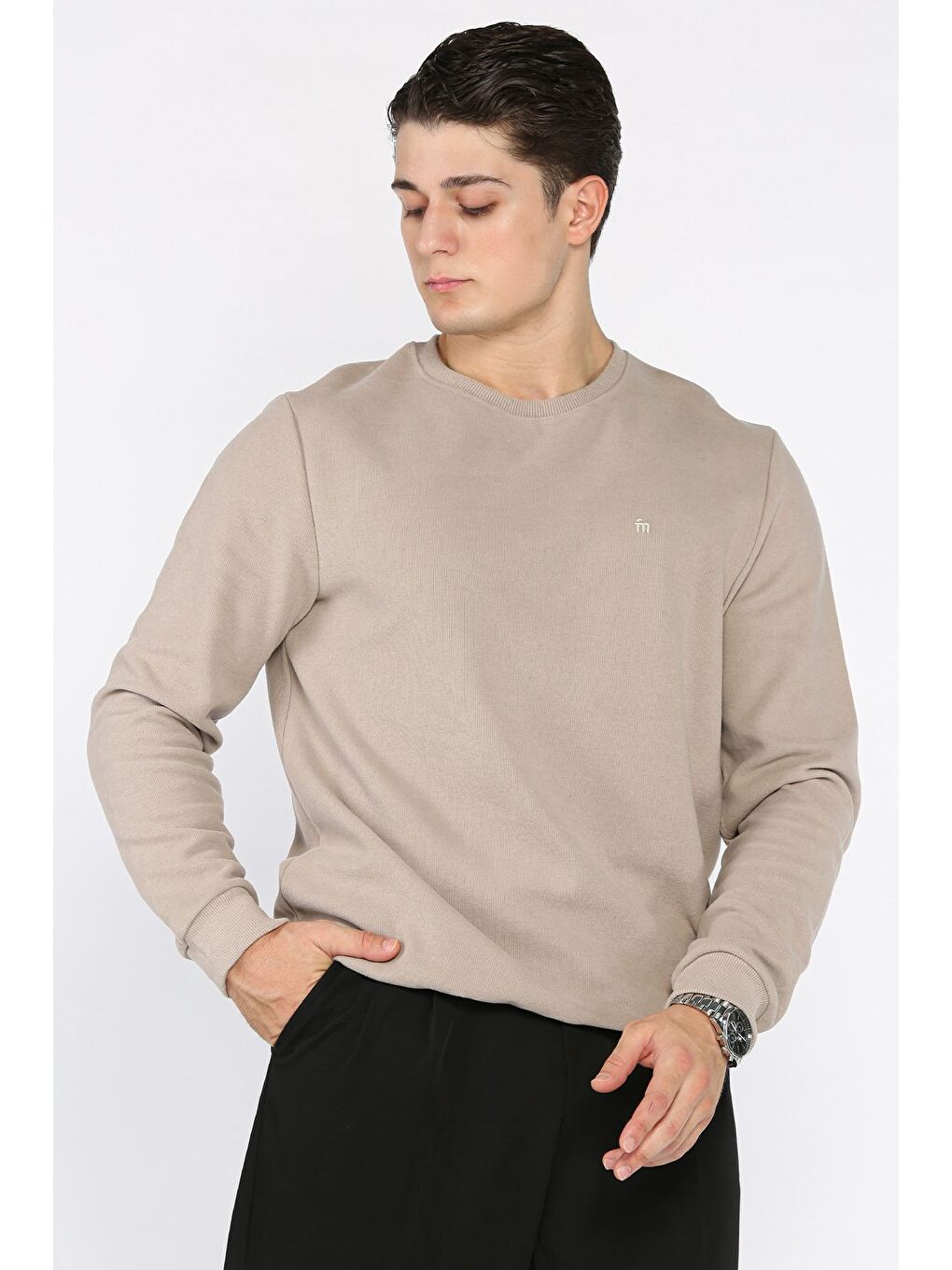 Bej Erkek Bisiklet Yaka Selanik Sweatshirt-1