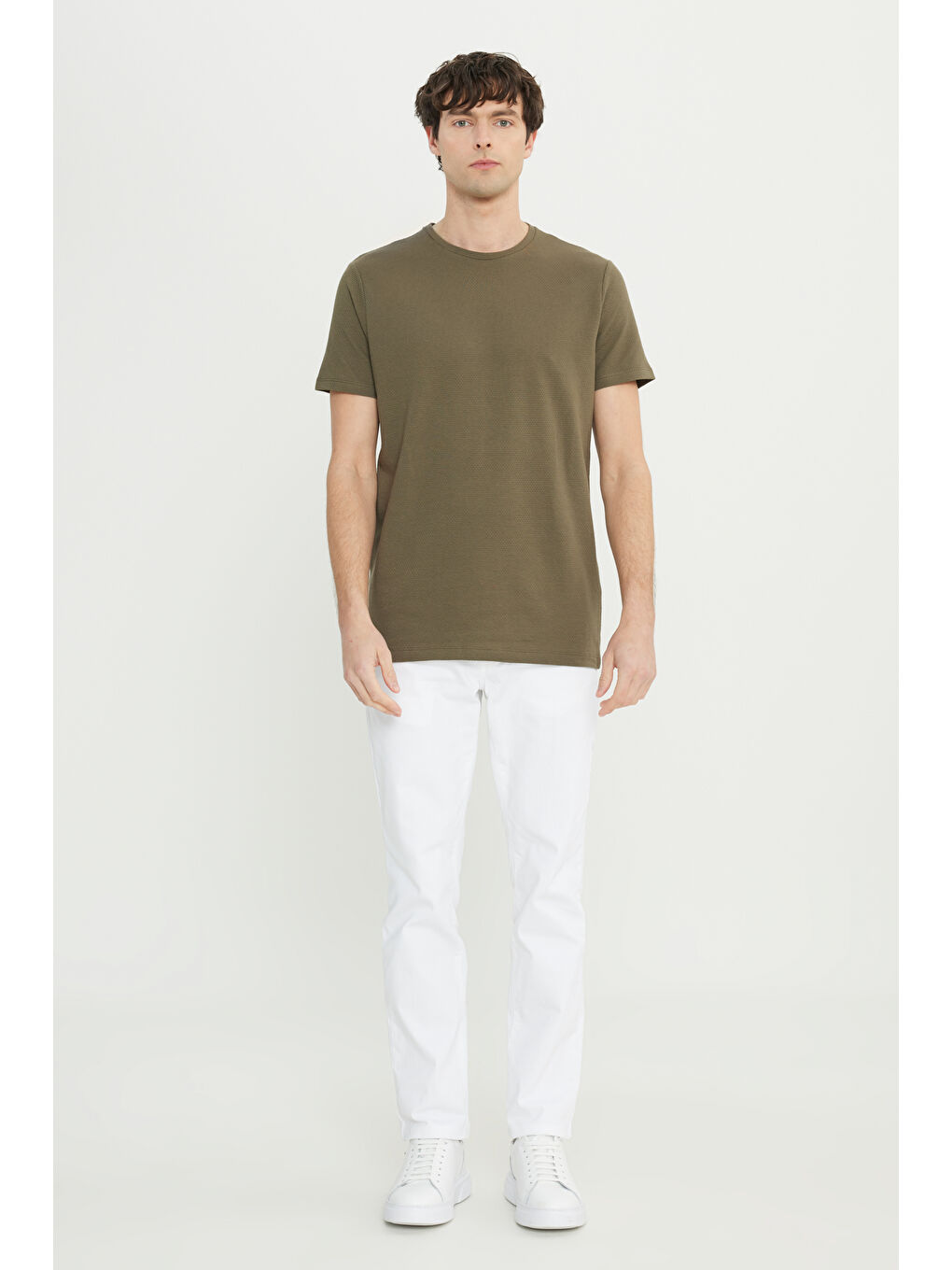 Erkek Haki Pamuklu Slim Fit Dar Kesim Bisiklet Yaka Esnek Tişört-1