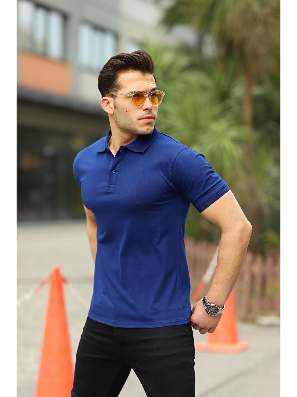 comstar Lacivert Erkek Kıvrılmaz Polo Yaka Cepsiz Slim Fit Dar Kesim Düz T-Shirt