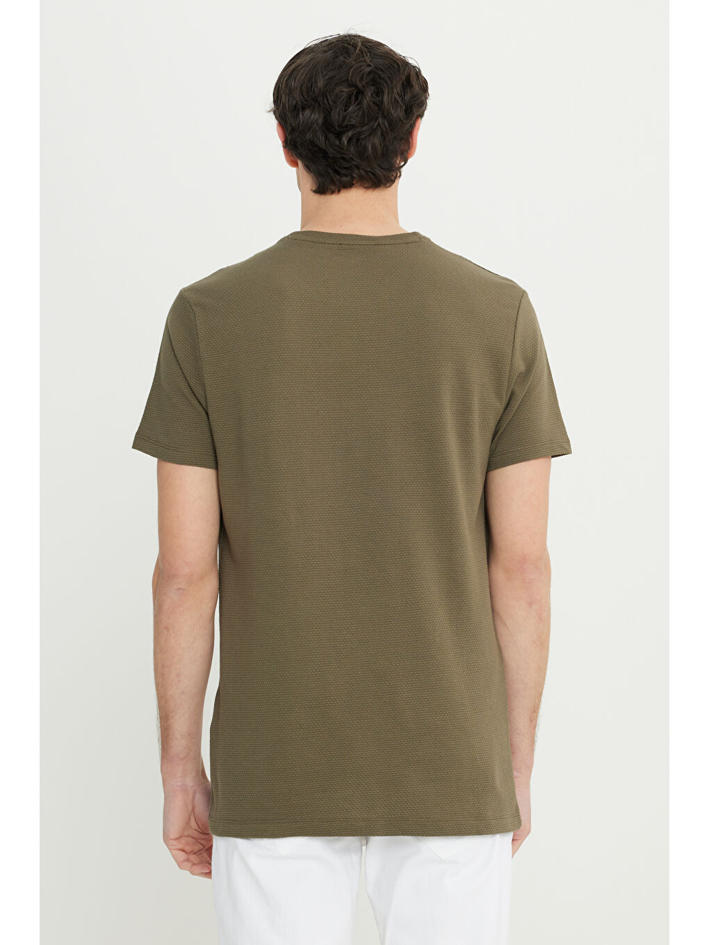 Erkek Haki Pamuklu Slim Fit Dar Kesim Bisiklet Yaka Esnek Tişört-4