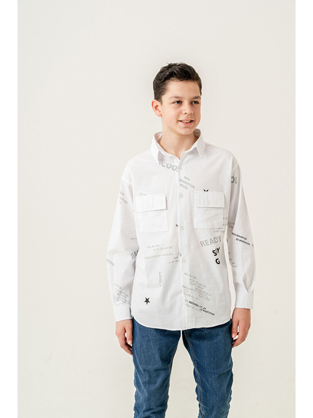 Beyaz Erkek Çocuk Çift Cepli Keten Gömlek P1098-1