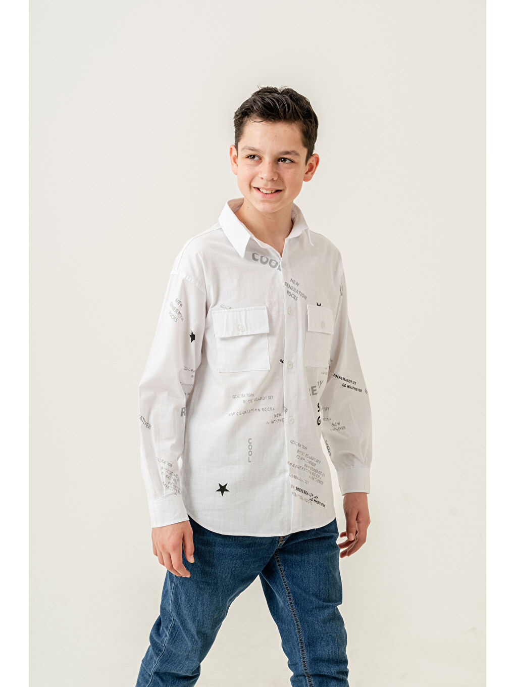 Beyaz Erkek Çocuk Çift Cepli Keten Gömlek P1098-2