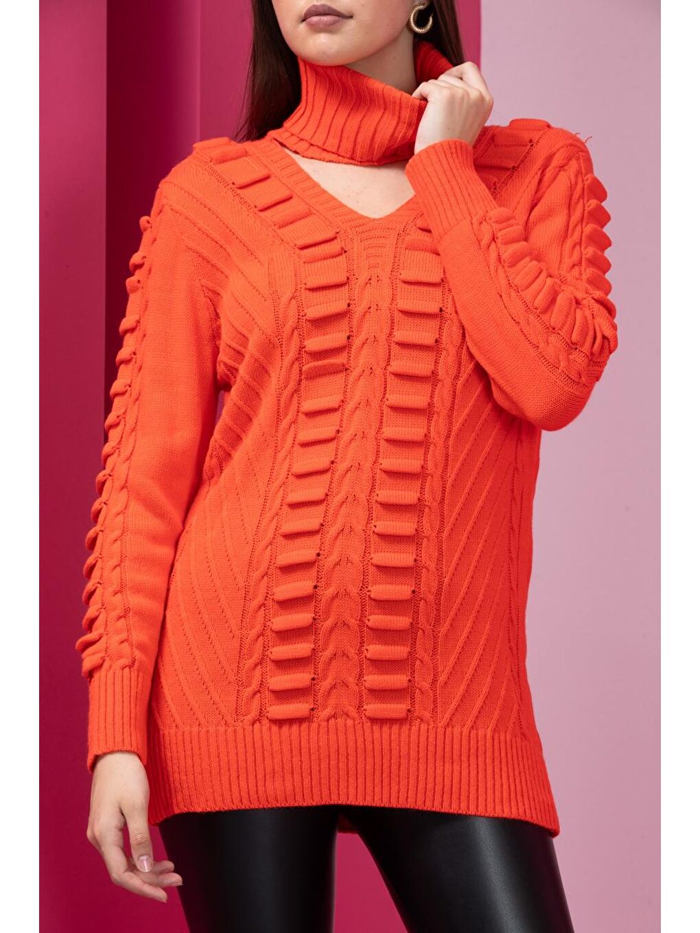 Turuncu Kadın Önü Yığmalı Triko Kazak