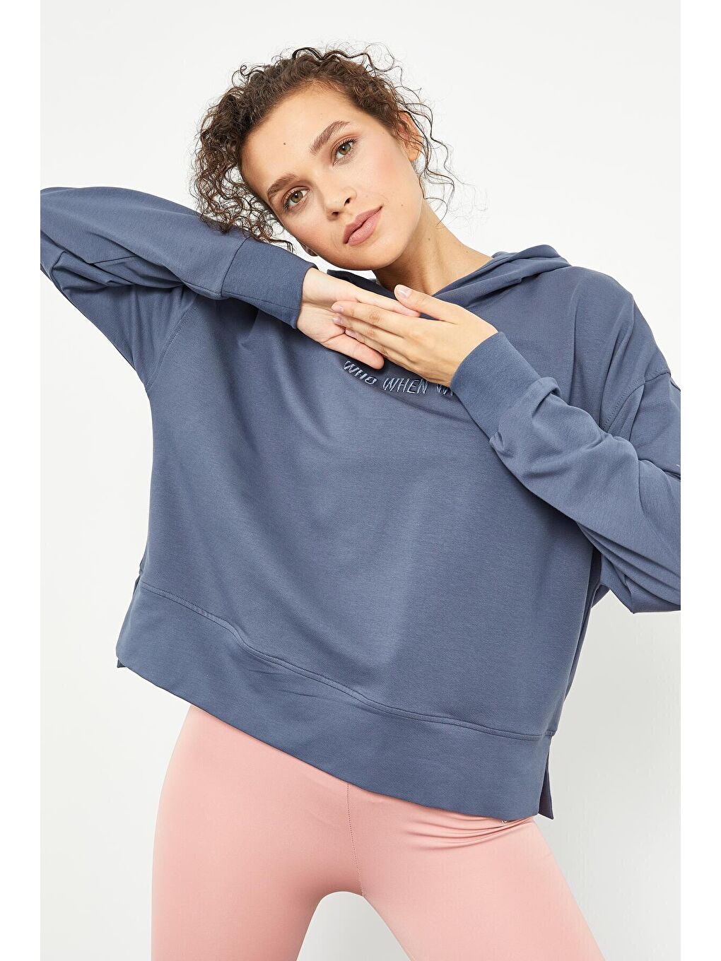 Petrol Yazı Nakışlı Kapüşonlu Basic Kadın Oversize Sweatshirt - 97164