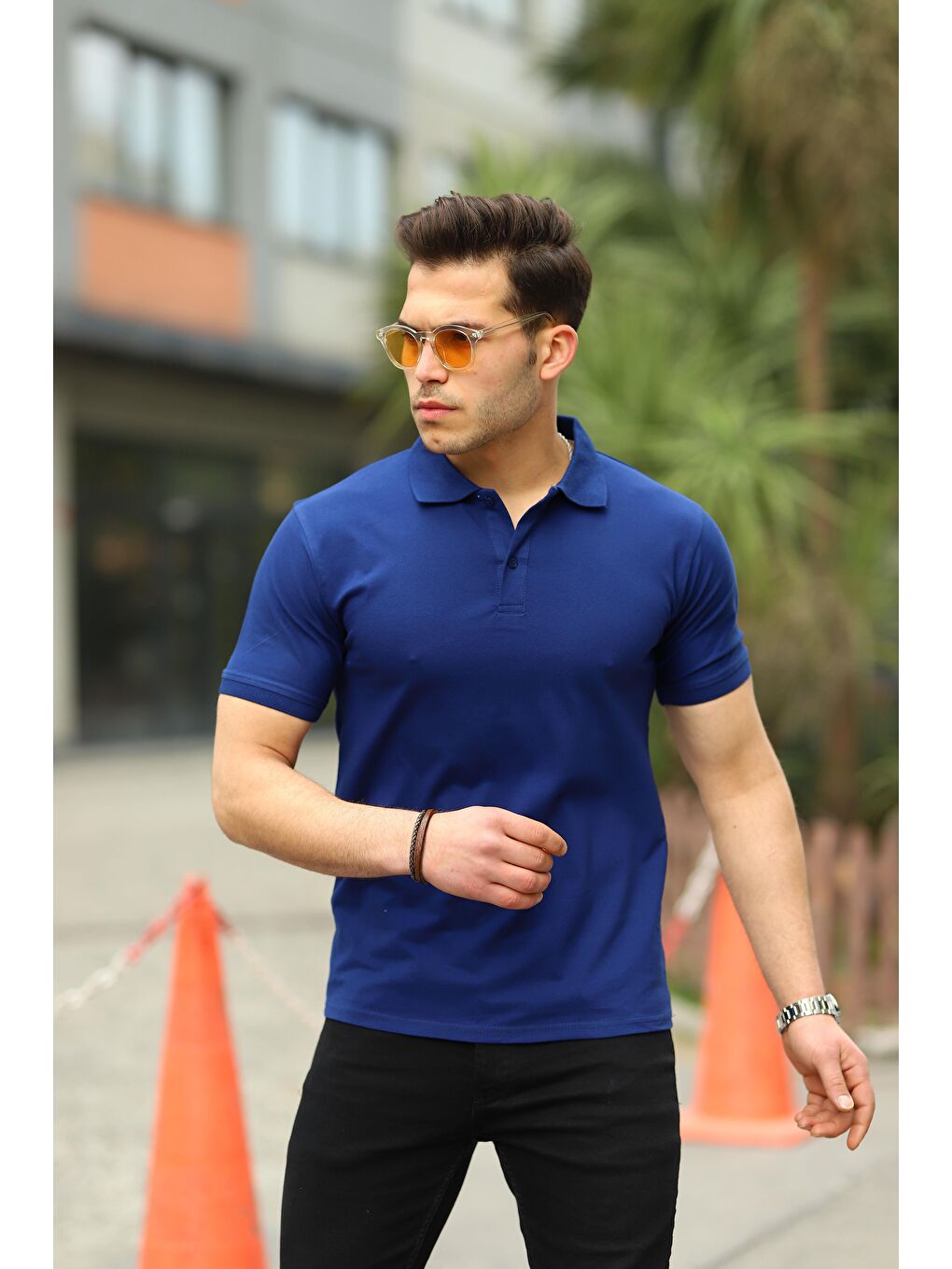 comstar Lacivert Erkek Kıvrılmaz Polo Yaka Cepsiz Slim Fit Dar Kesim Düz T-Shirt - 2