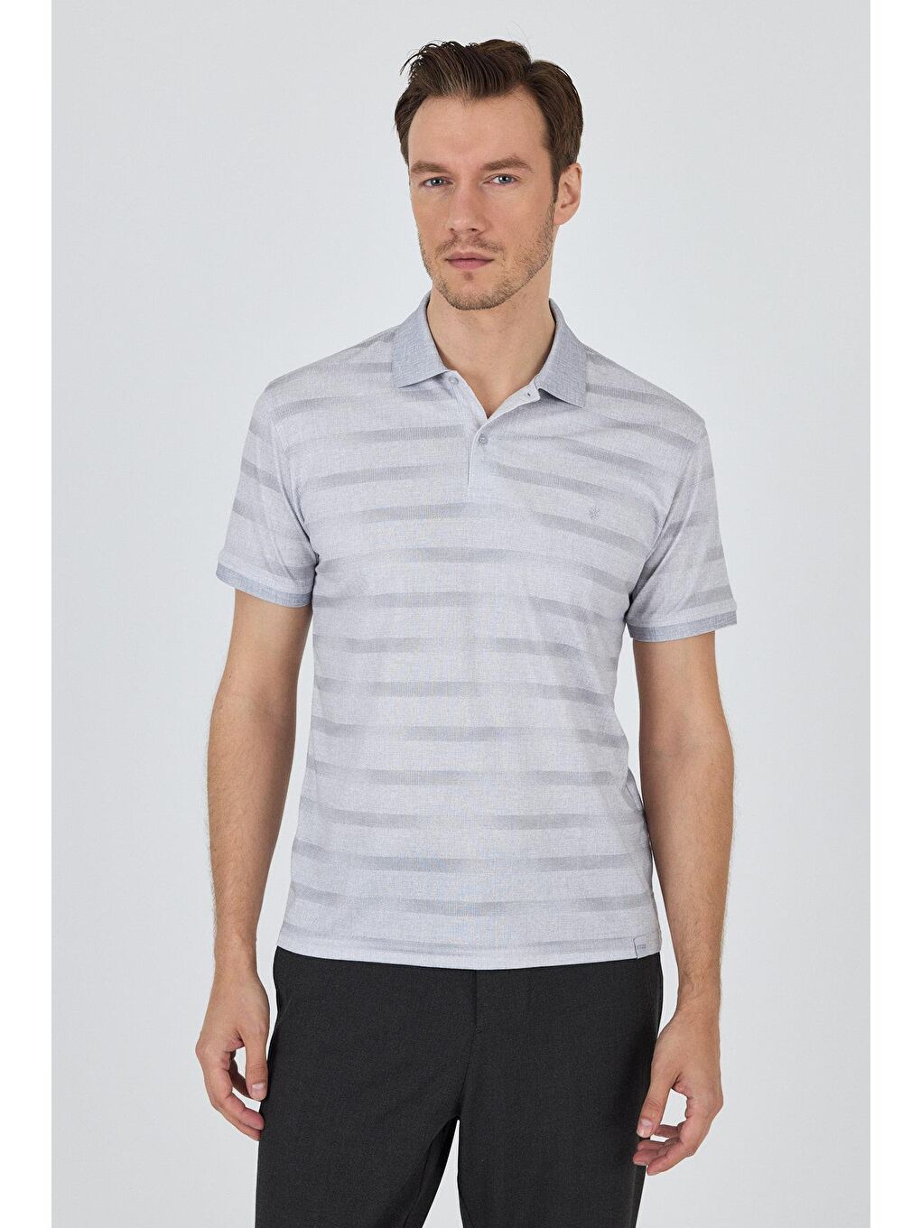 Gri Kısa Kol Baskılı Pike Polo Yaka Cepsiz Slim Fit Tişört 1011250170-2