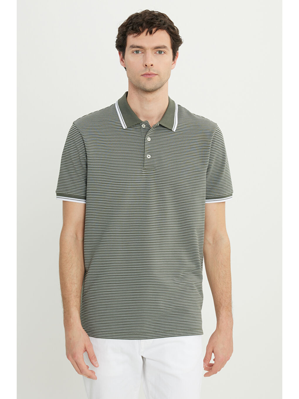 Erkek Haki Pamuklu Slim Fit Dar Kesim Polo Yaka Çizgili Tişört