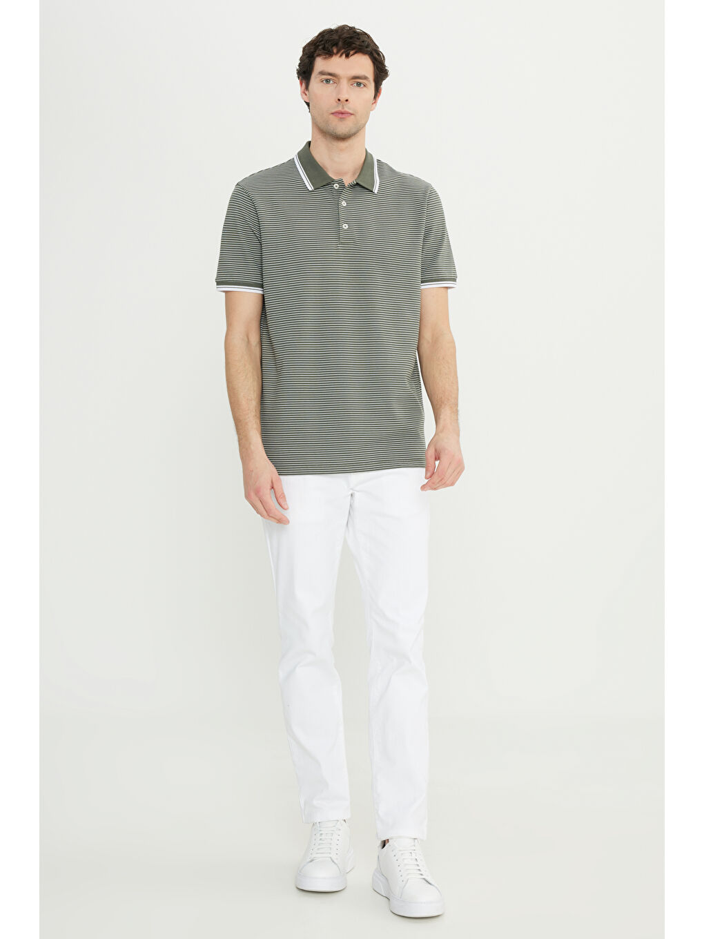 Erkek Haki Pamuklu Slim Fit Dar Kesim Polo Yaka Çizgili Tişört-1