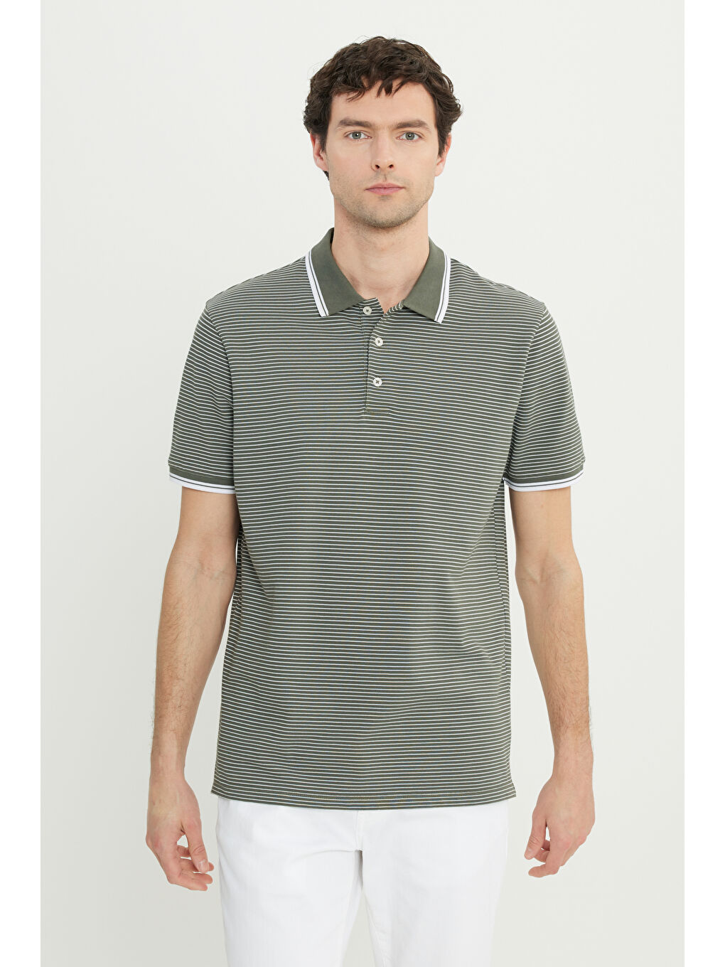 Erkek Haki Pamuklu Slim Fit Dar Kesim Polo Yaka Çizgili Tişört-2