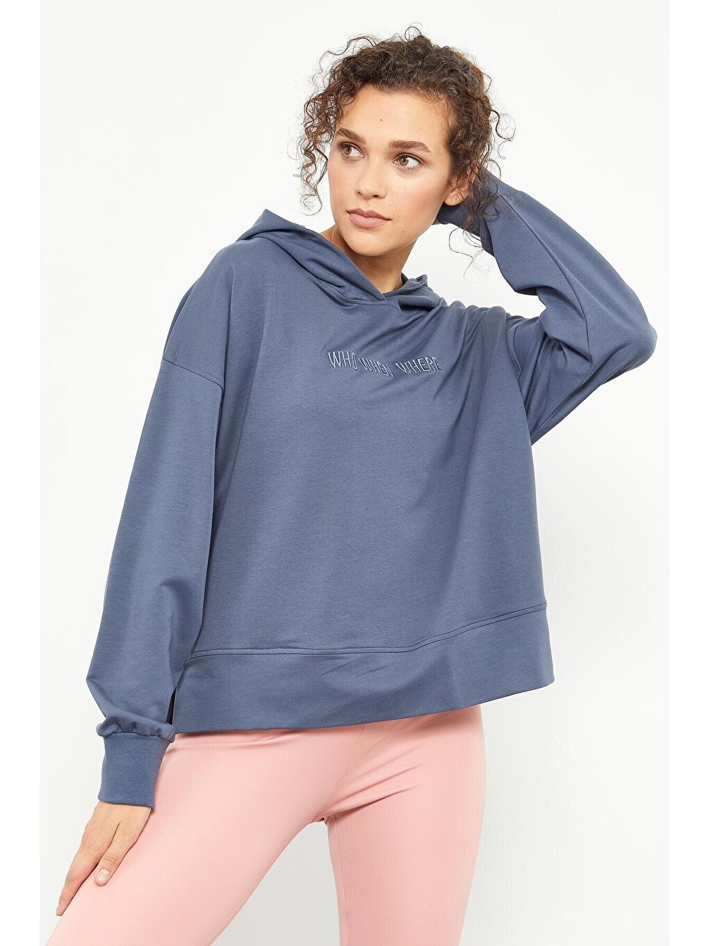 Petrol Yazı Nakışlı Kapüşonlu Basic Kadın Oversize Sweatshirt - 97164-2