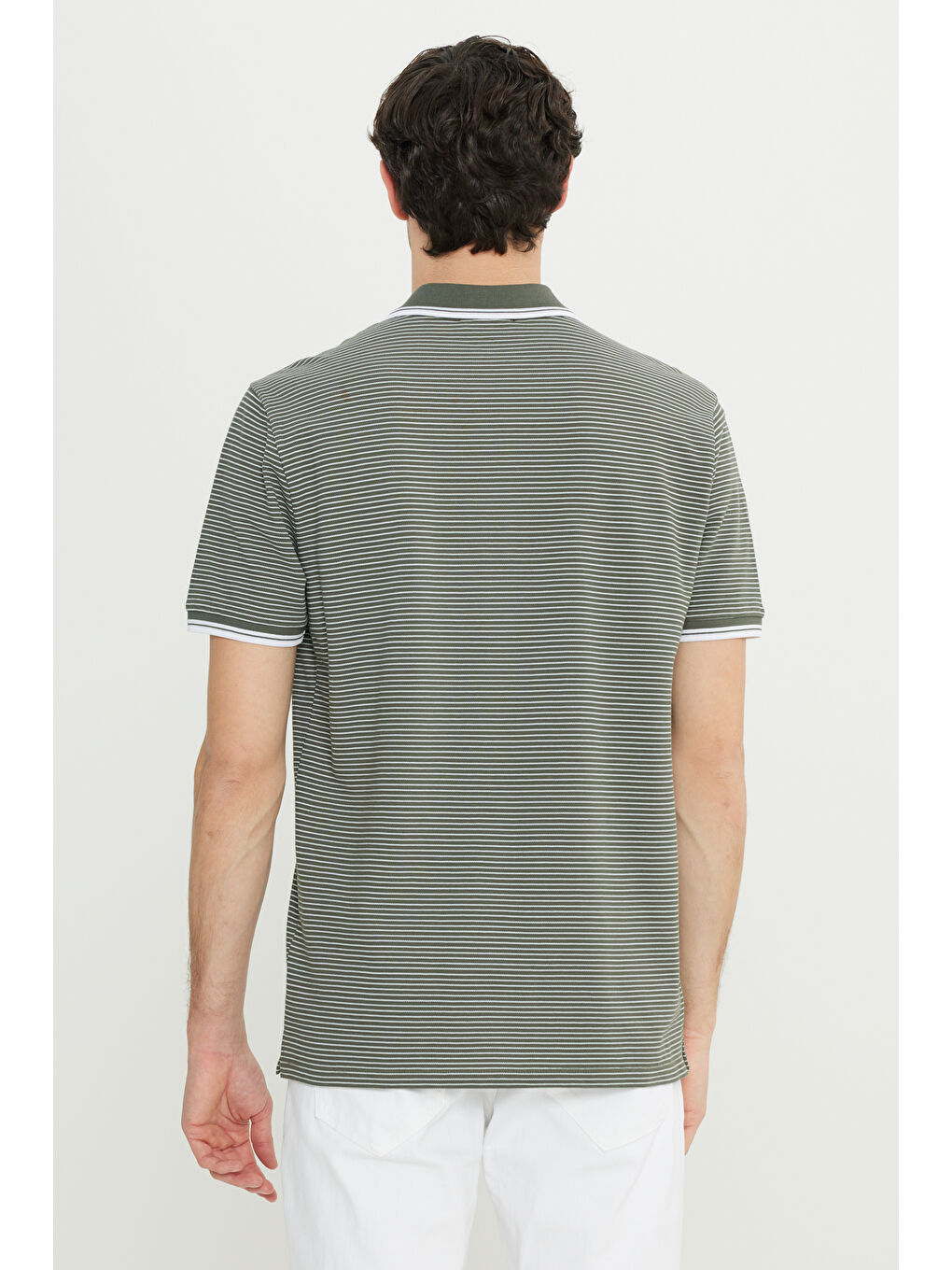 Erkek Haki Pamuklu Slim Fit Dar Kesim Polo Yaka Çizgili Tişört-4
