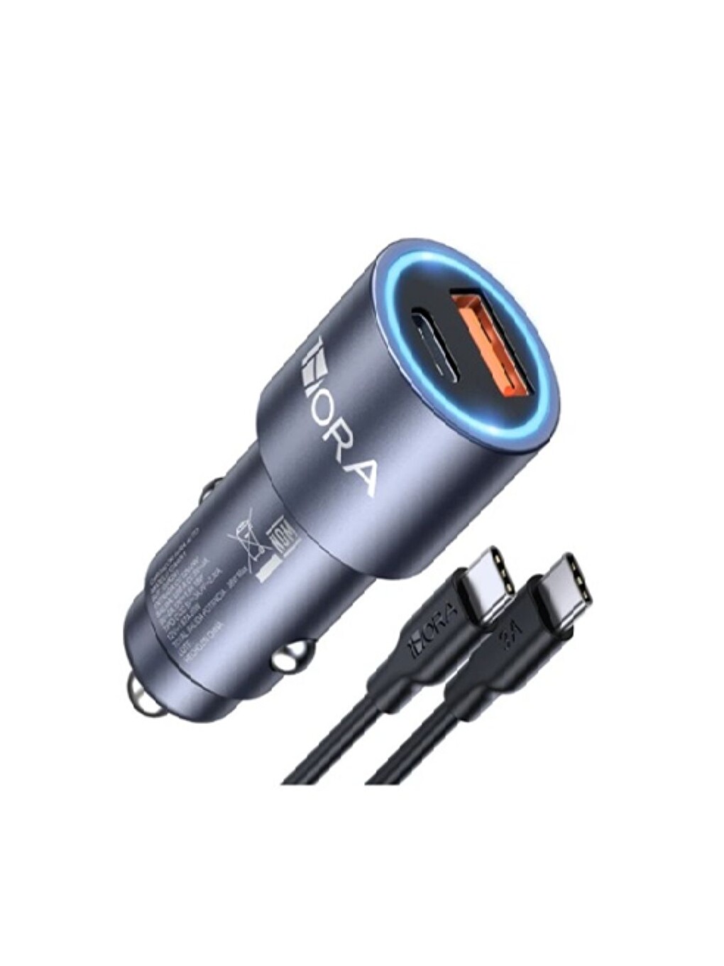 1hora GAR241 Pd+Qc Metal Araç Şarj Cihazı (20W+18W) - 1m Type-C To Type-C Kablosu - Gri