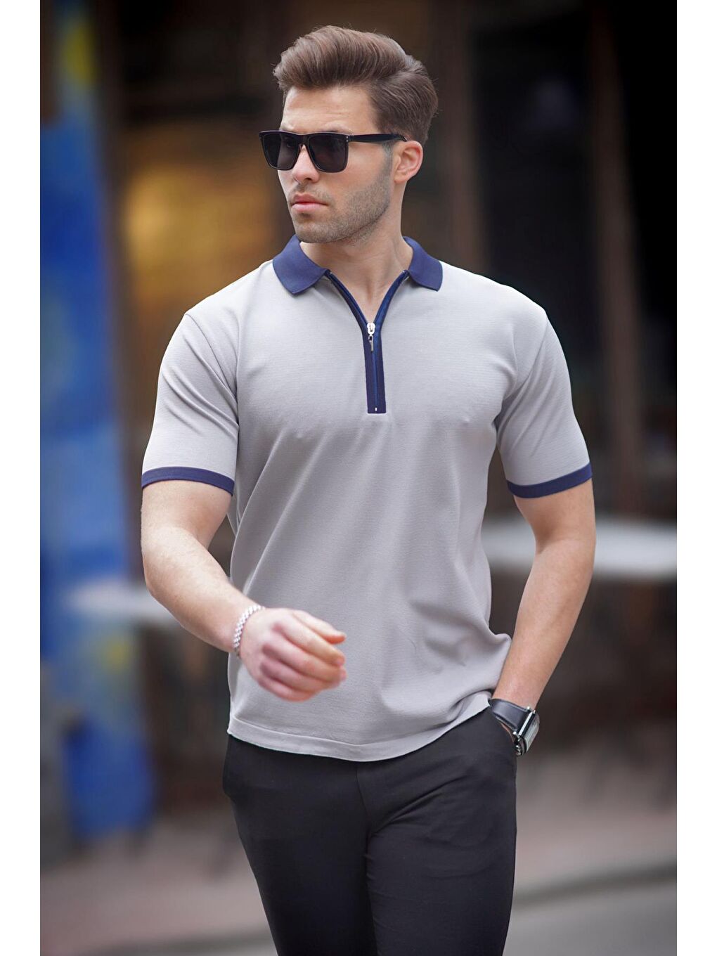 Gri Fermuar Detaylı Polo Yaka Erkek Tişört 6880