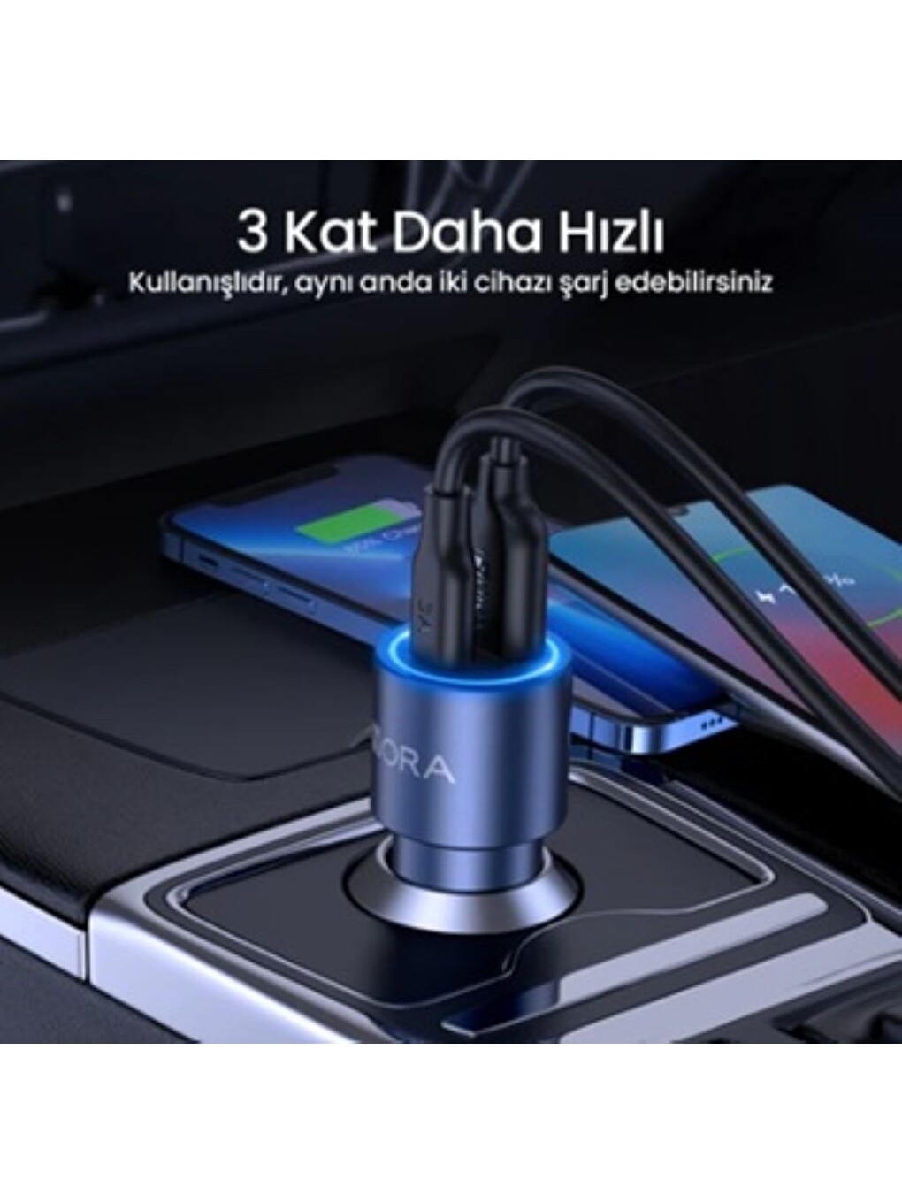 1hora GAR241 Pd+Qc Metal Araç Şarj Cihazı (20W+18W) - 1m Type-C To Type-C Kablosu - Gri-2