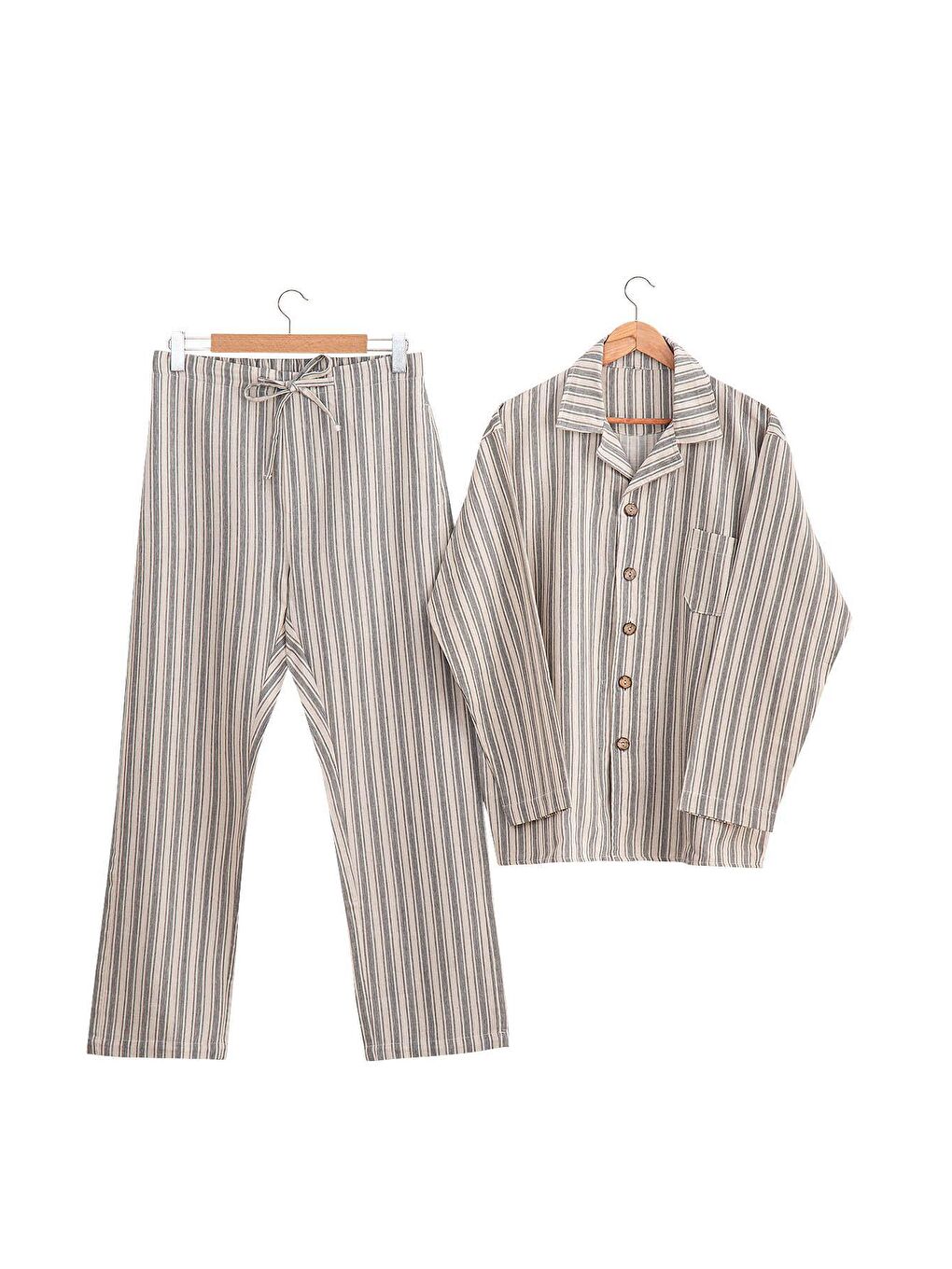 Ekru Ala Erkek Pijama Takımı %100 Organik Pamuk Keten Antrasit