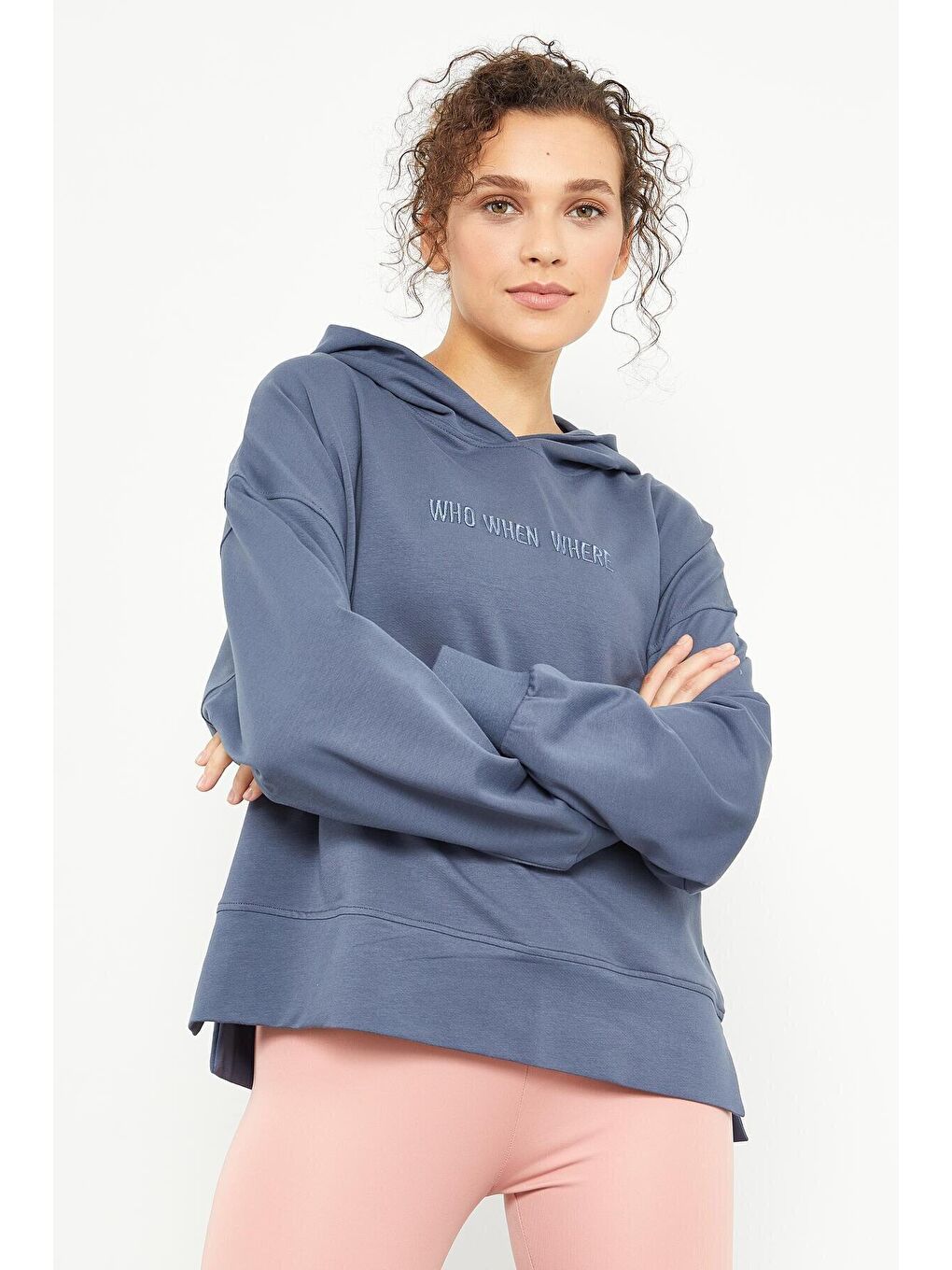 Petrol Yazı Nakışlı Kapüşonlu Basic Kadın Oversize Sweatshirt - 97164-4