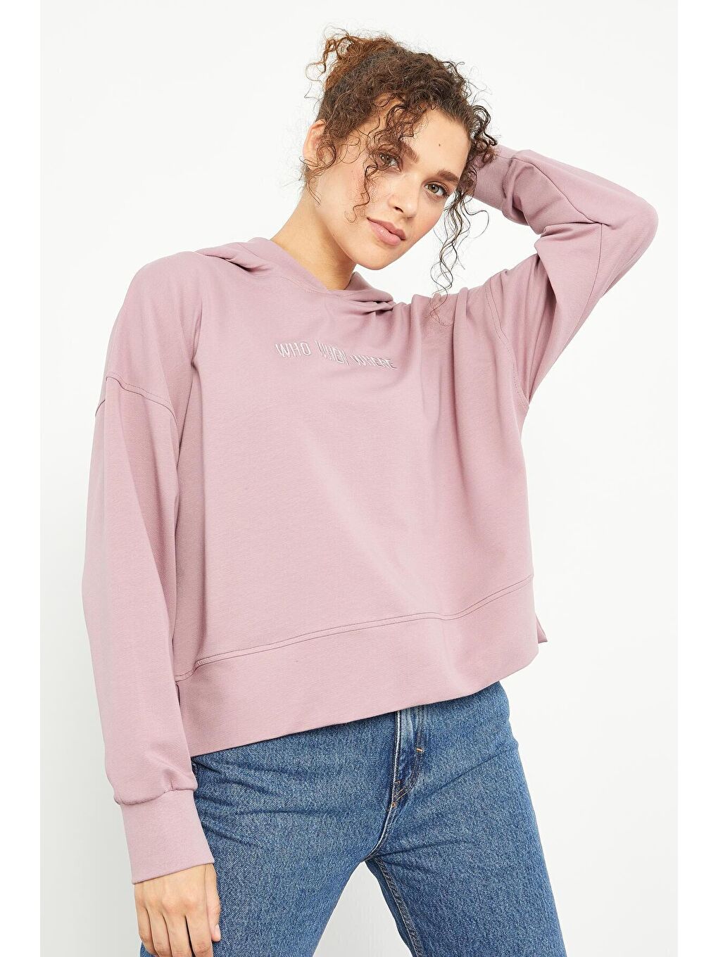 TOMMYLIFE Pembe Gül Kurusu Yazı Nakışlı Kapüşonlu Basic Kadın Oversize Sweatshirt - 97164