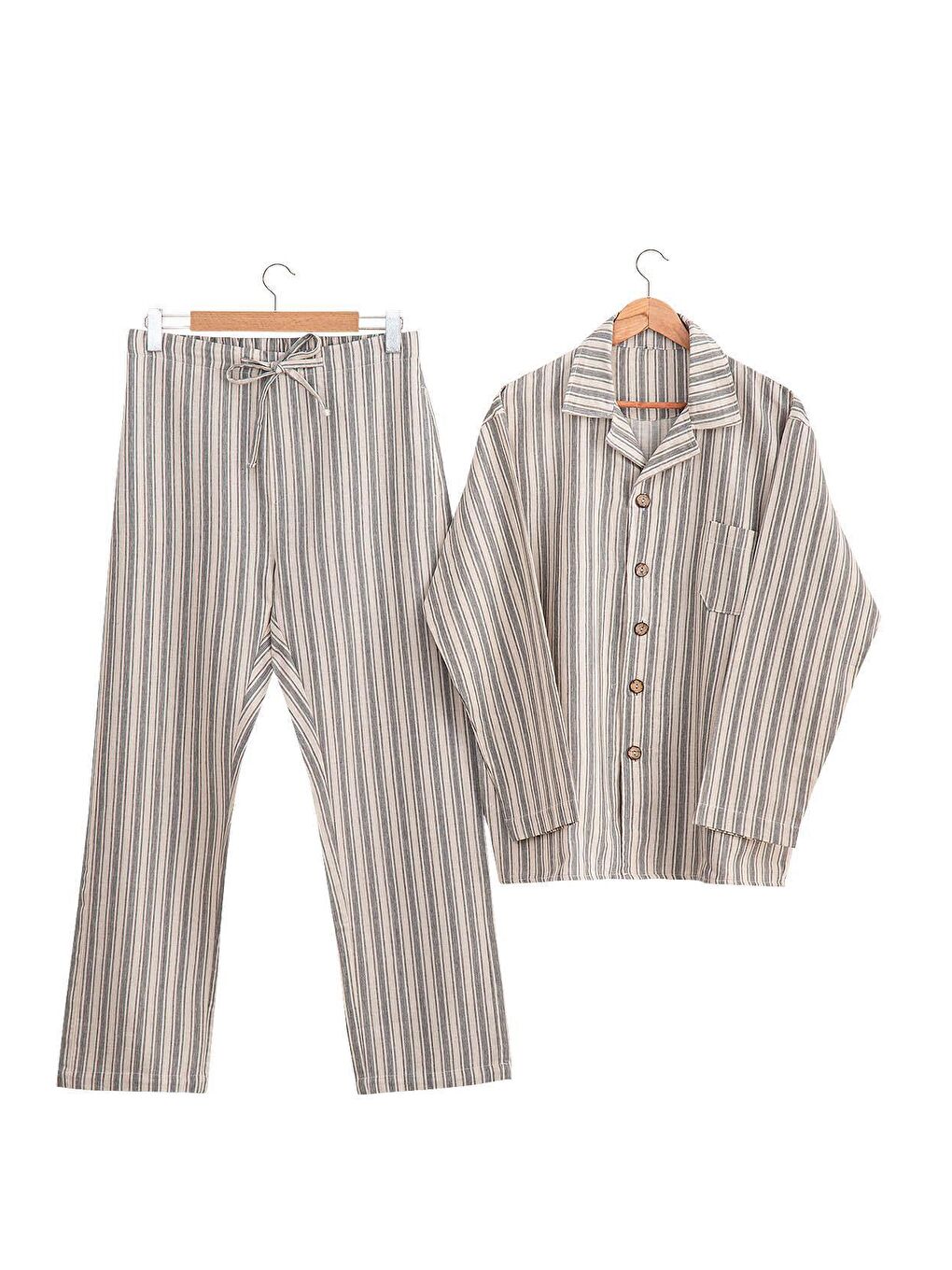 Ekru Ala Erkek Pijama Takımı %100 Organik Pamuk Keten Antrasit-3