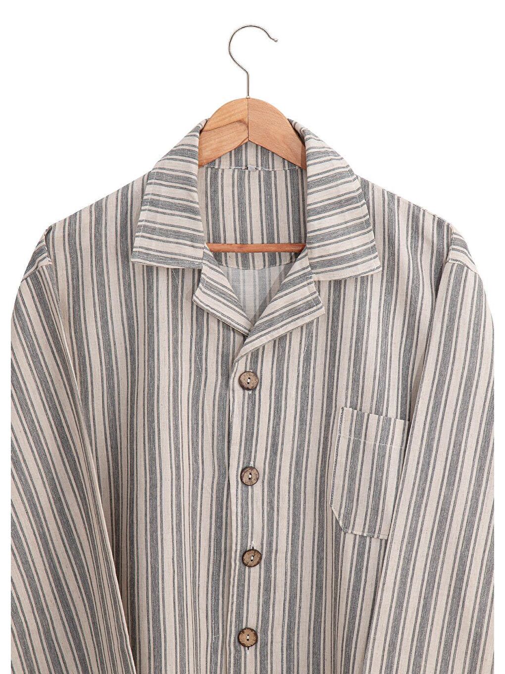 Ekru Ala Erkek Pijama Takımı %100 Organik Pamuk Keten Antrasit-4