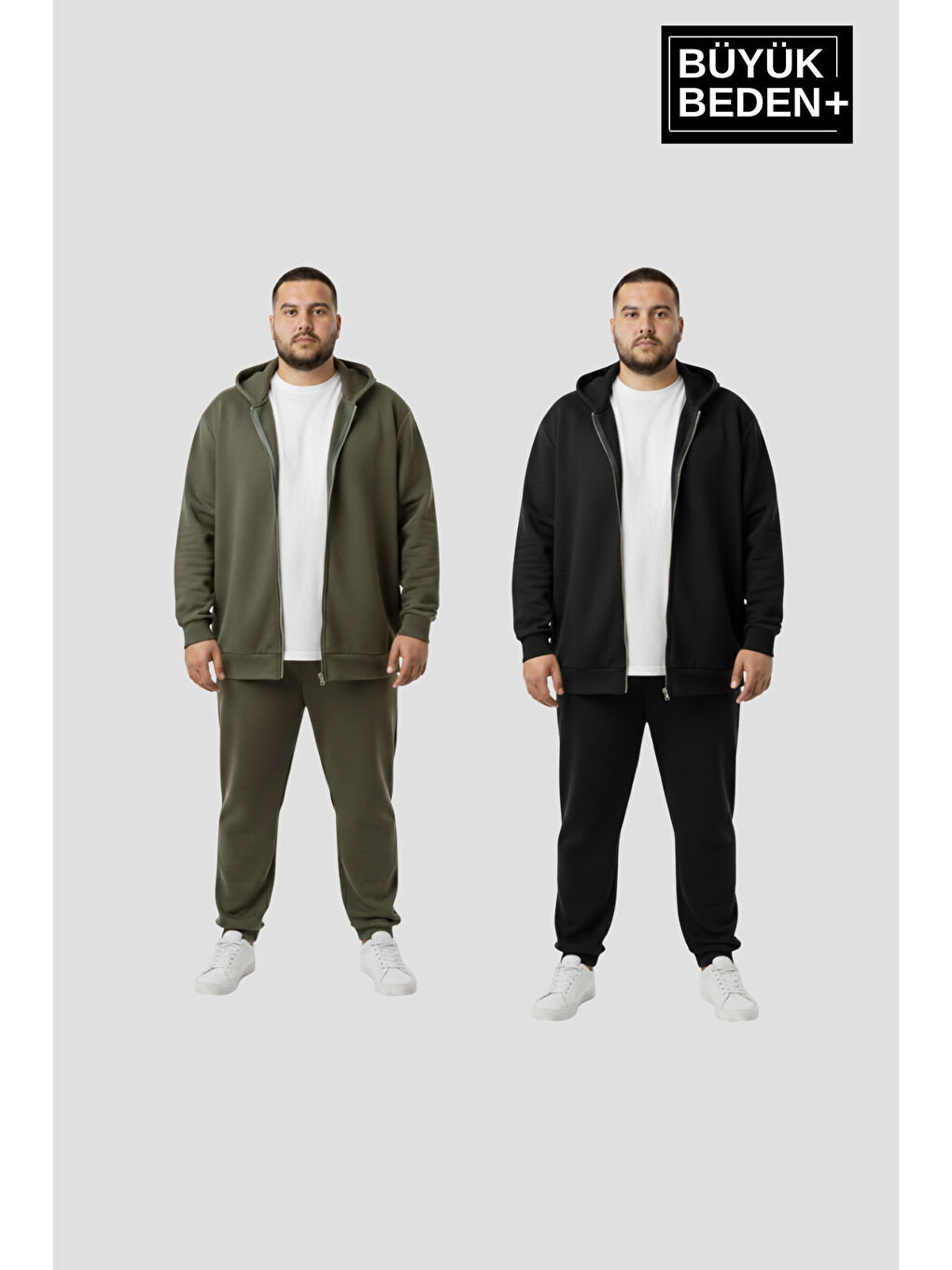 Siyah Büyük Beden Kapüşonlu 2'li Set ince Erkek Fermuarlı Sweatshirt Hırka Rahat Kalıp SPR26BHR960+2