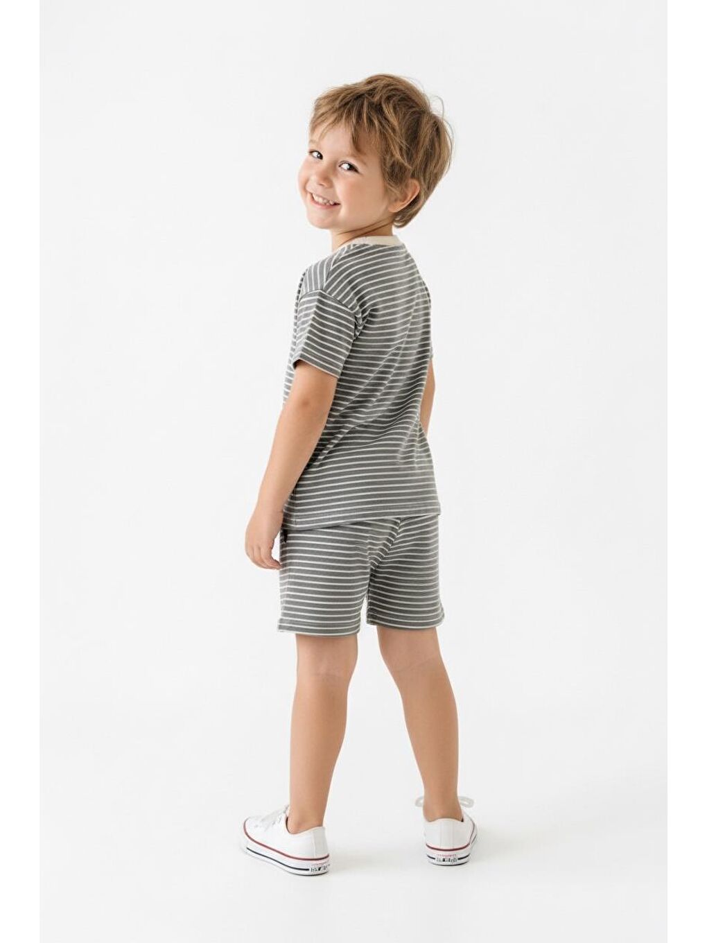 Bej Çizgili Şort Tişört 2li Takım-1