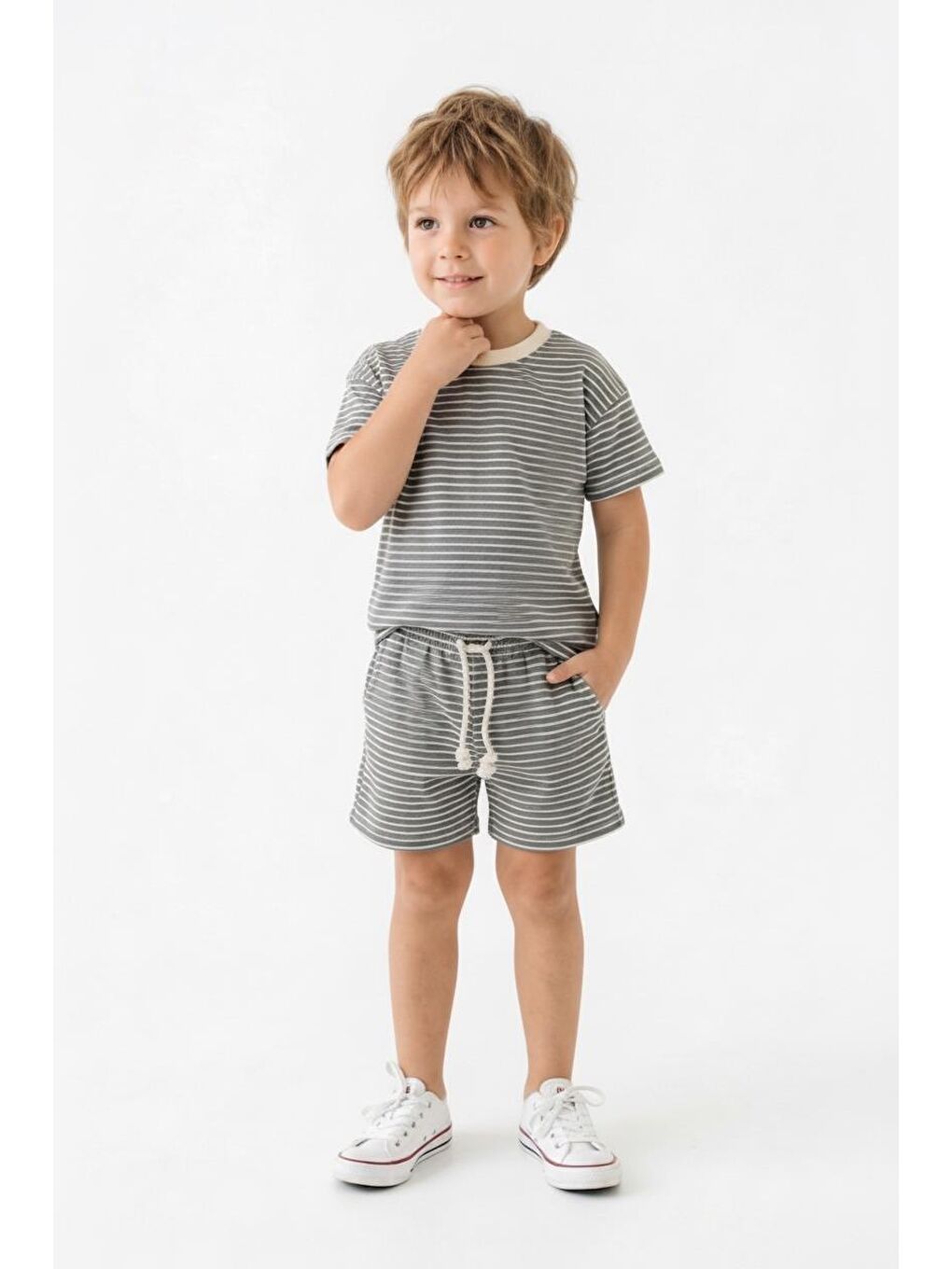 Bej Çizgili Şort Tişört 2li Takım-3
