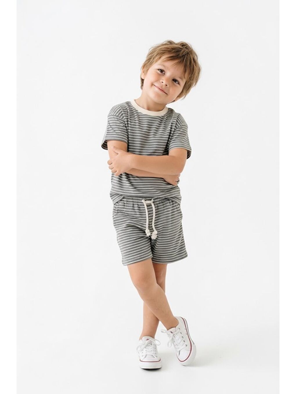 Bej Çizgili Şort Tişört 2li Takım-4