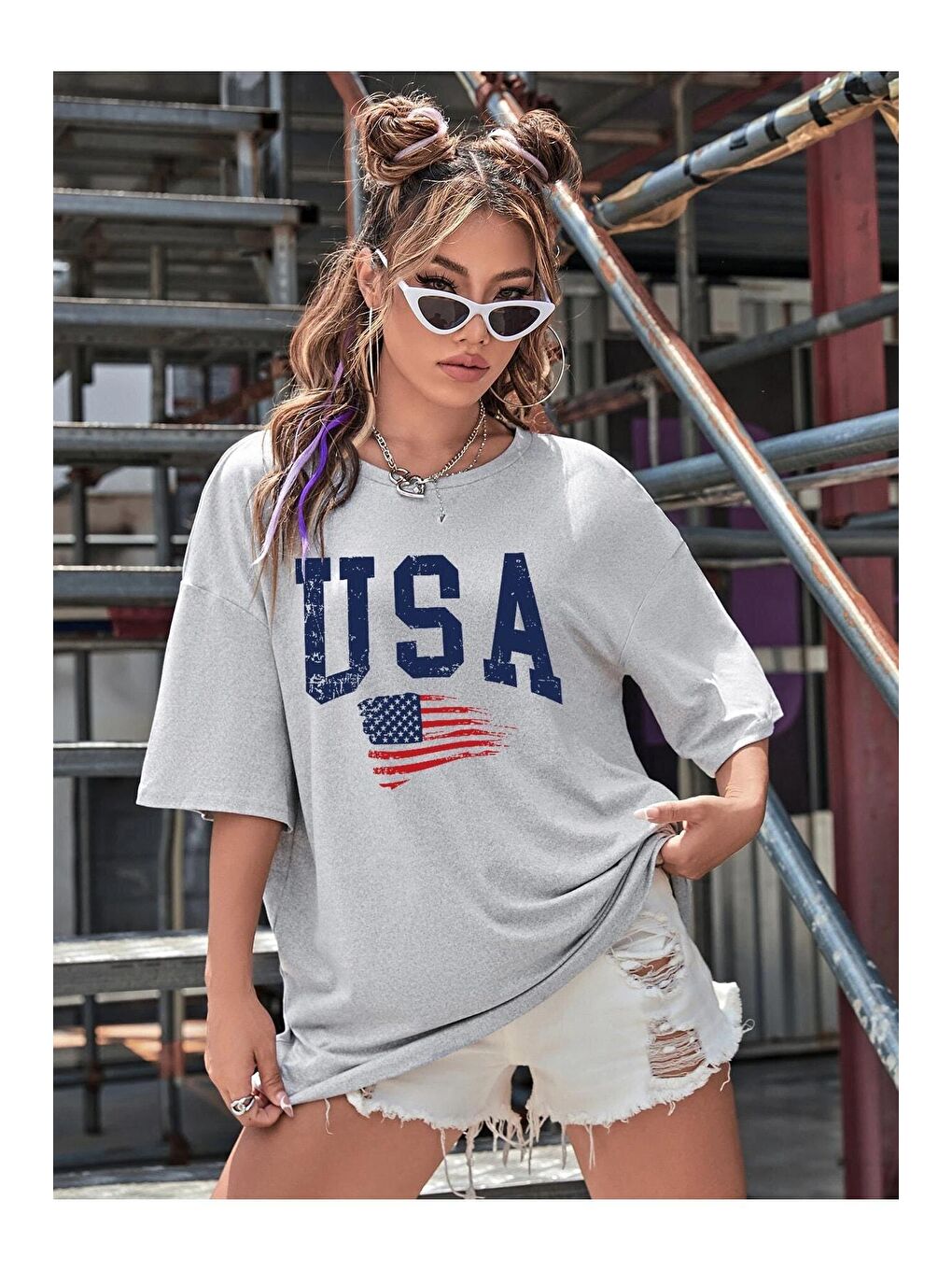 Trendseninle Gri Usa Flag Baskılı Gri Oversize Tişört