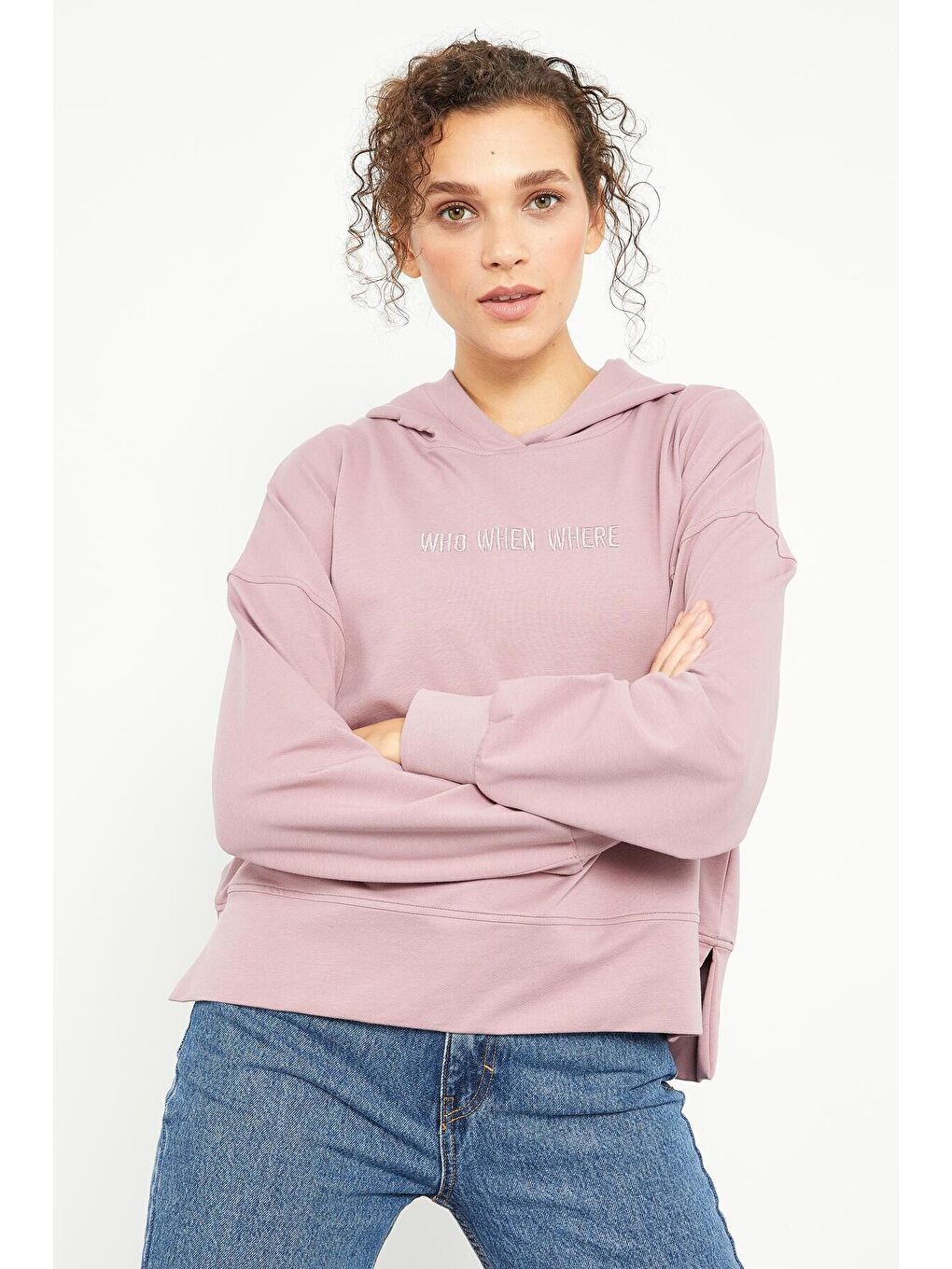 TOMMYLIFE Pembe Gül Kurusu Yazı Nakışlı Kapüşonlu Basic Kadın Oversize Sweatshirt - 97164 - 4