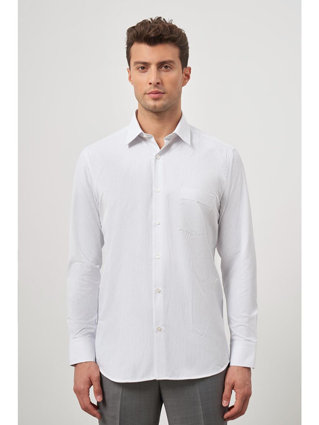 Beyaz Uzun Kol Kendinden Armürlü Cepli Pamuklu Classic Comfort Fit Gömlek 1004245155-3