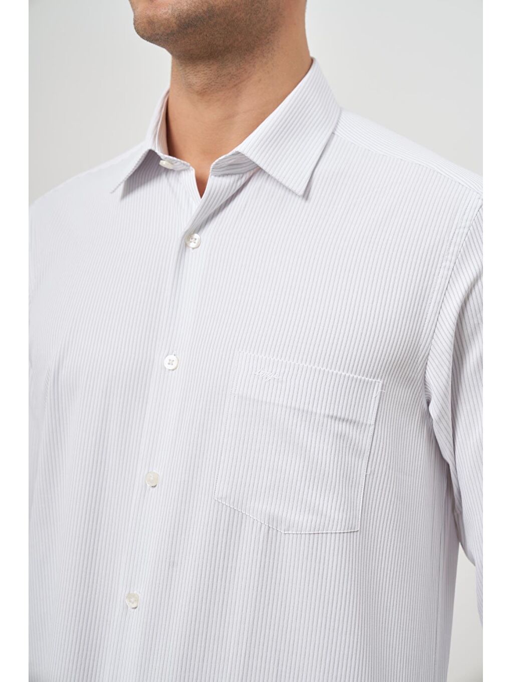 Beyaz Uzun Kol Kendinden Armürlü Cepli Pamuklu Classic Comfort Fit Gömlek 1004245155-5