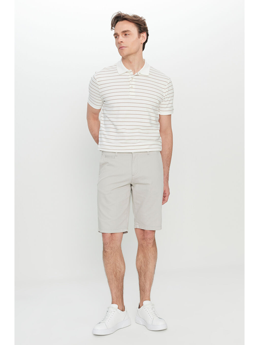 Bej Erkek Taş Slim Fit Dar Kesim Yan Cepli Gofre Desenli Şort-2