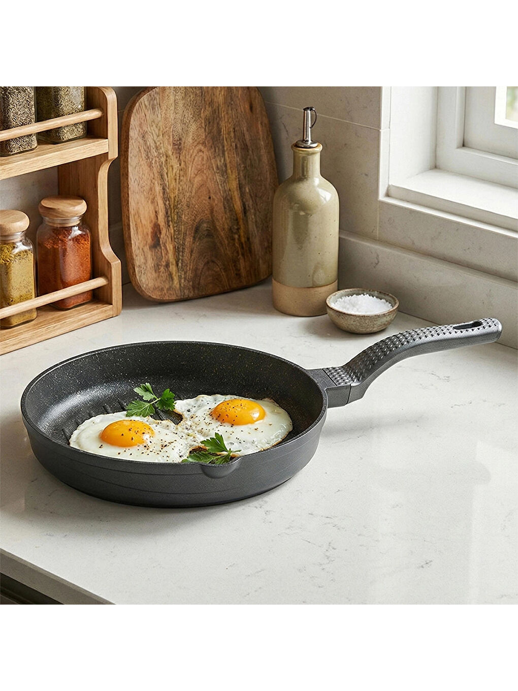 3738 Biogranit Döküm Grill Ergonomik Saplı 3 Parça Tava Seti Gri 20-24-28cm-1