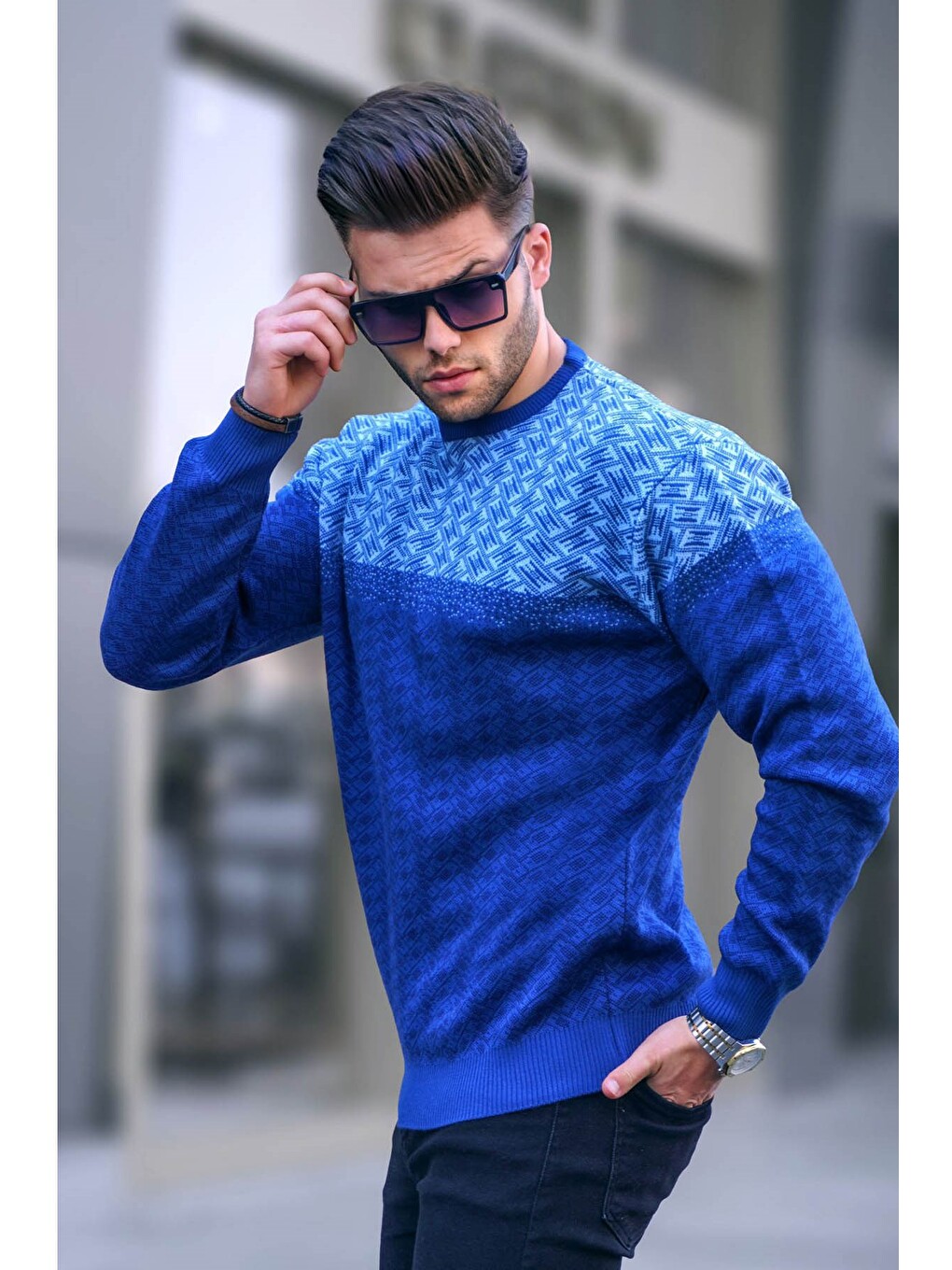 İndigo Desenli Erkek Örme Kazak 5977