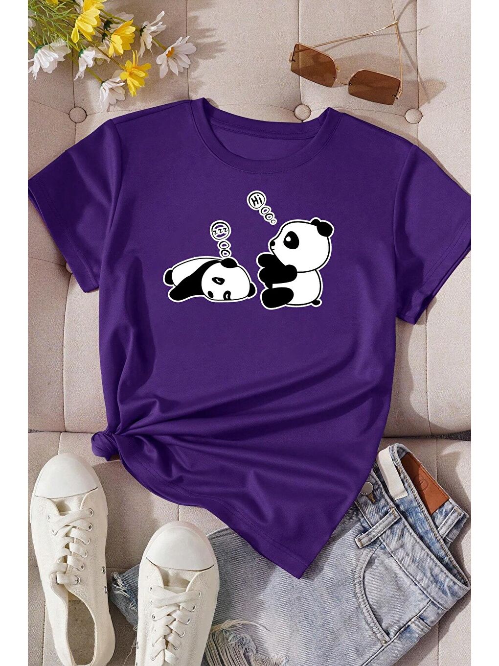 uyguntarz Mor Unisex Uykucu Panda Baskılı Tasarım Tshirt