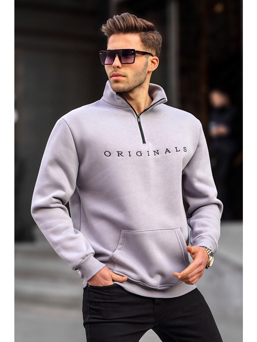 Madmext Gri Baskılı Boyalı Gri Fermuar Yaka Nakışlı Sweatshirt 6028