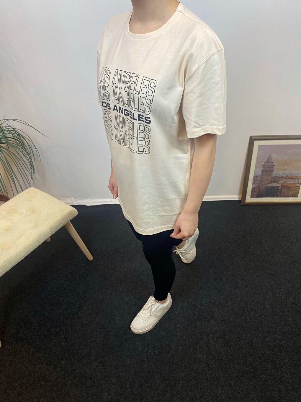 Bej Kadın Bisiklet Yaka Oversize Fit Baskılı Tişort SPR24tsk305-1