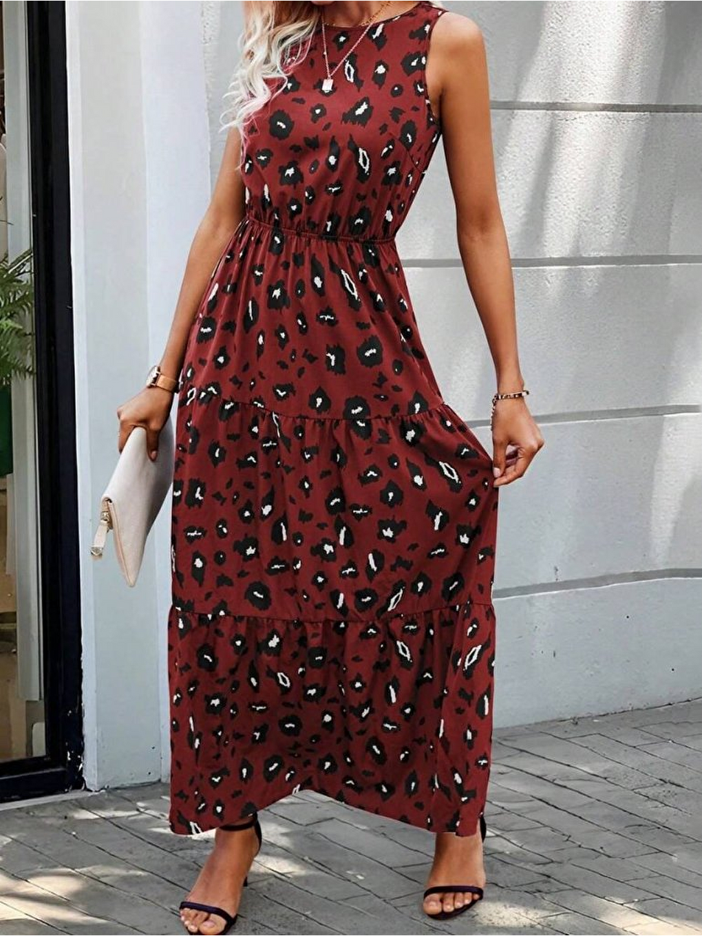 Kırmızı Kadın Kolsuz Bisiklet Yaka Beli Lastikli Desenli Süprem Elbise-3