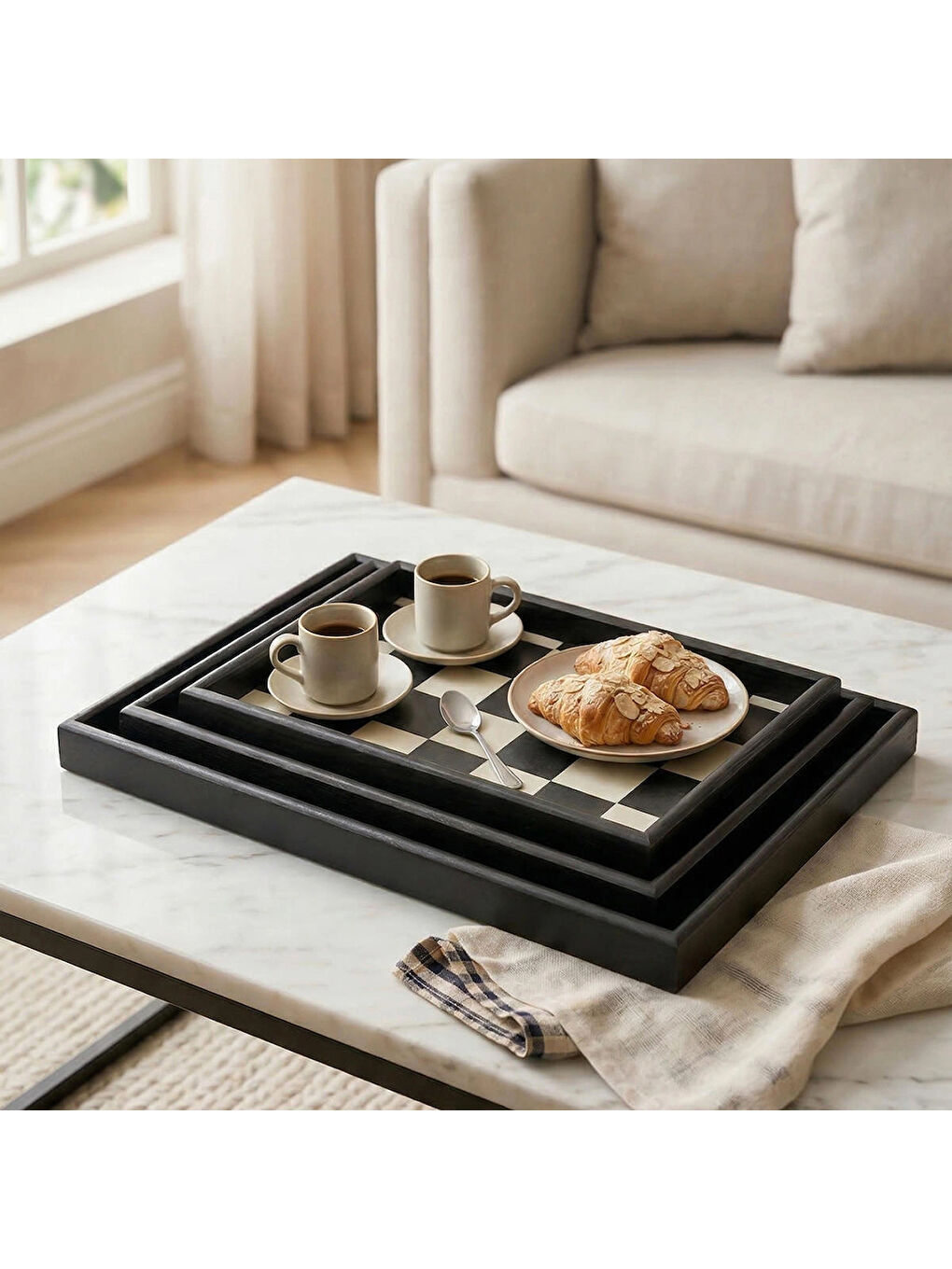 Siyah Porsima 1301050047 Ahşap Tepsi 3lü Set Çay Kahve Bambu Sunumu Dama Desenli Tepsi Seti