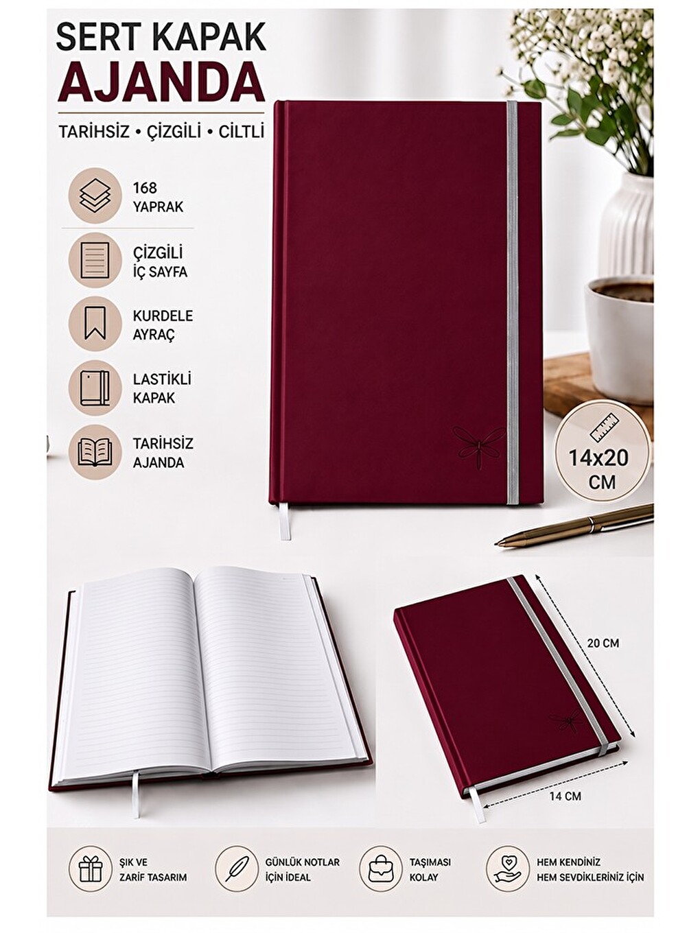 Kaliteli Tarihsiz Ajanda Not Defteri A5 14x20cm 1 Adet Lizz Ofs180l Çizgili Lastili Sert Kapak 168 Y
